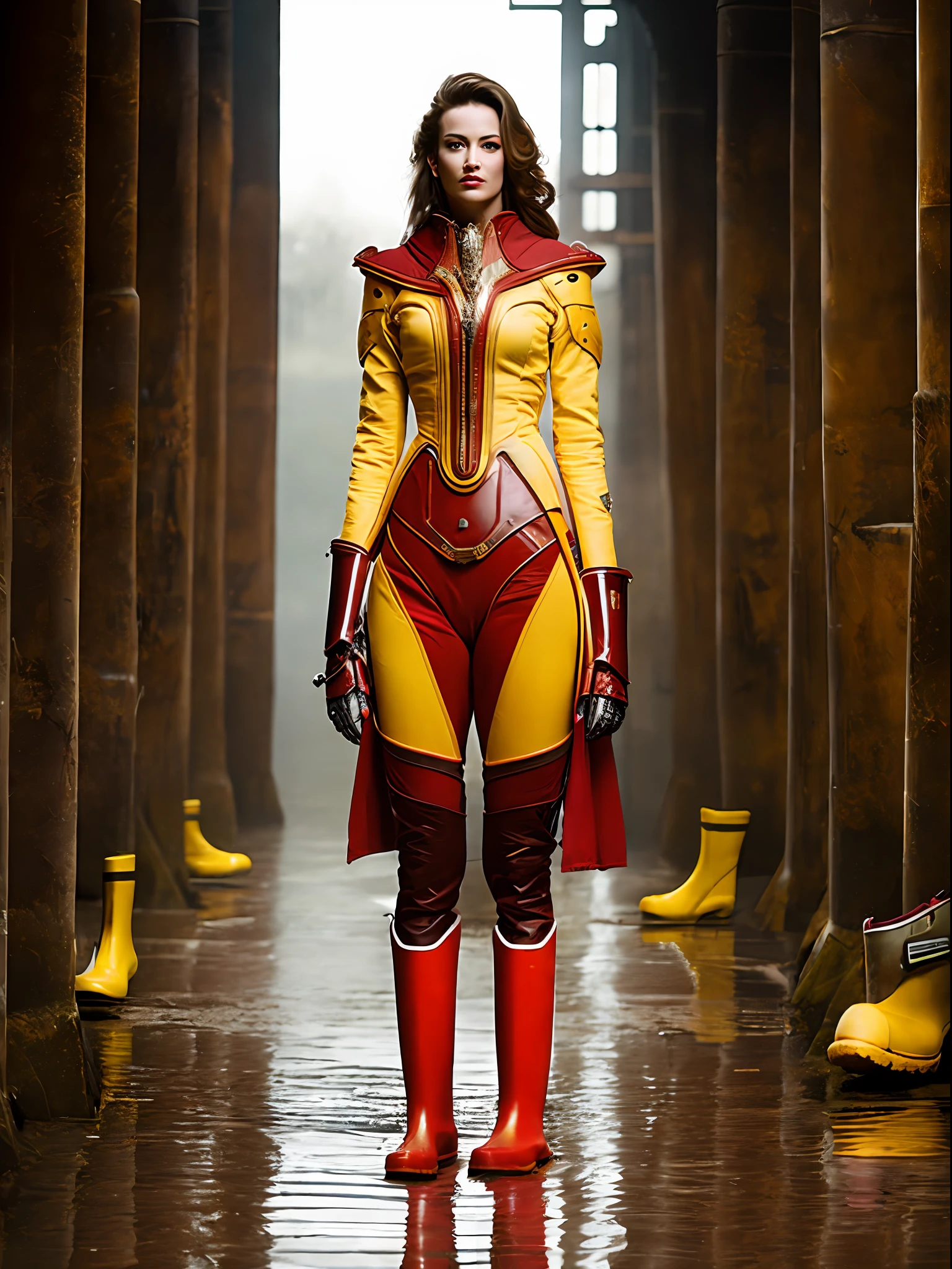 robot, steampunk female android, full body, (wearing a red jacket) (open zipper) (wearing yellow rubber boots:1.5), A stunning intricate full colour, spaceship, epic character composition, sharp focus, natural lighting, subsurface scattering, f2, 35mm, film grain, sci - fi film still (erotic:1.5), voluptuous, sensual, sexy, romantic, BDSM, moody and melanchonic atmosphere