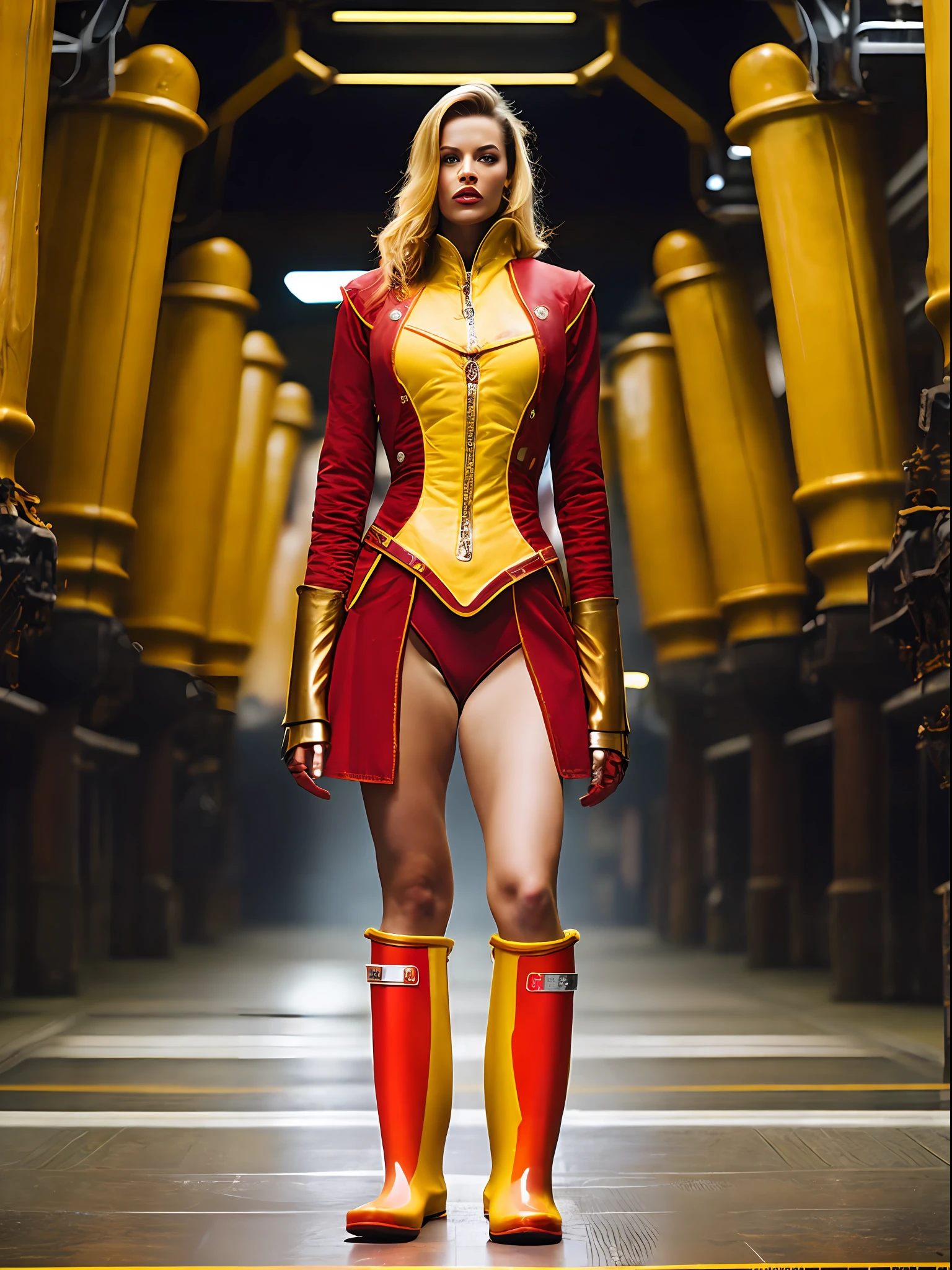 robot, steampunk female android, full body, (wearing a red jacket) (open zipper) (wearing yellow rubber boots:1.5), A stunning intricate full colour, spaceship, epic character composition, sharp focus, natural lighting, subsurface scattering, f2, 35mm, film grain, sci - fi film still (erotic:1.5), voluptuous, sensual, sexy, romantic, BDSM, moody and melanchonic atmosphere