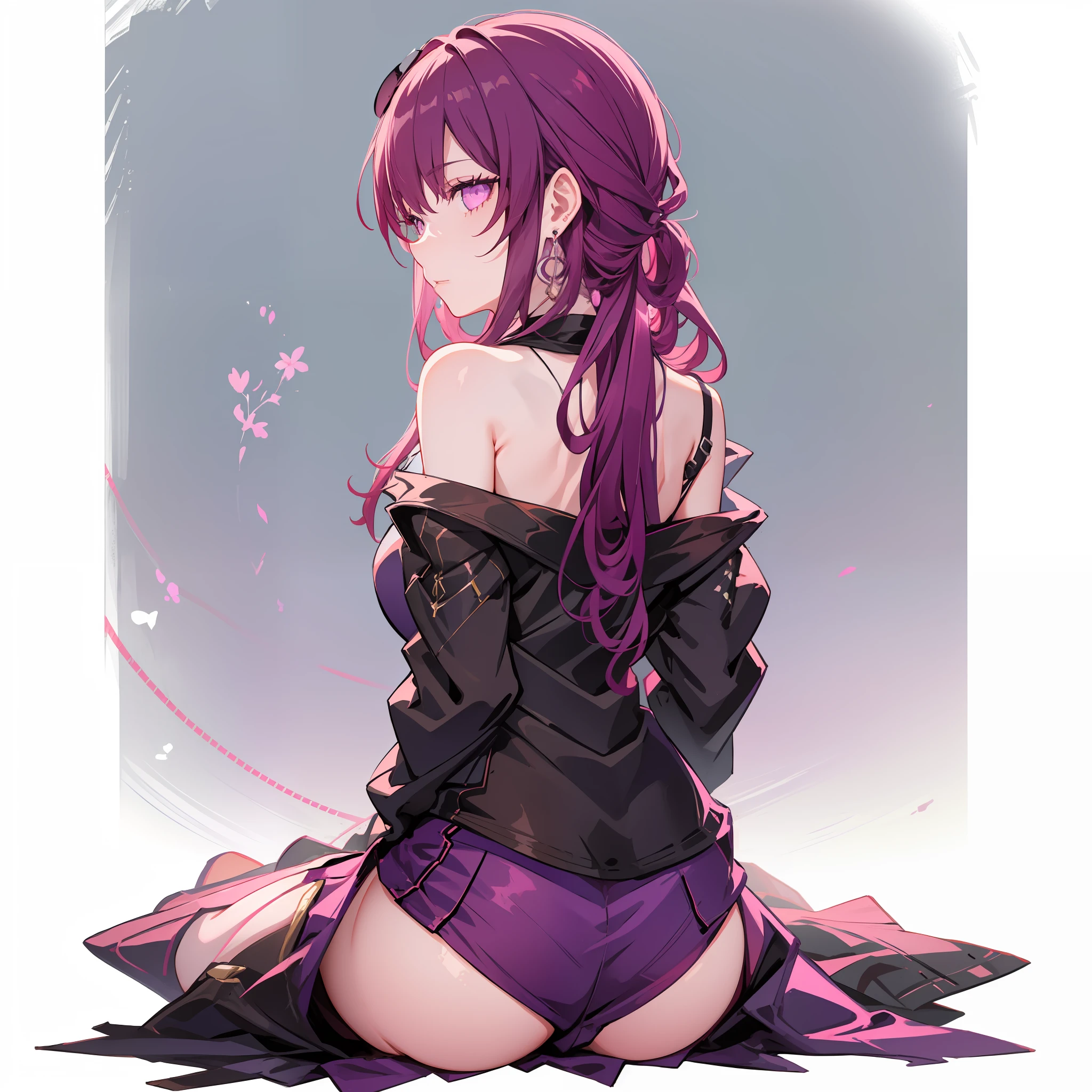 kafka(hsr), from behind, earrings, black background, sitting, purple skirt, simple background, purple eyes, solo, back, long sleeves, 1girl, skirt, ass, off shoulder, bare shoulders, closed mouth, looking back, long hair, looking at viewer, shirt, white shirt, jewelry, pink eyes, purple hair, <lora:kafka:0.7