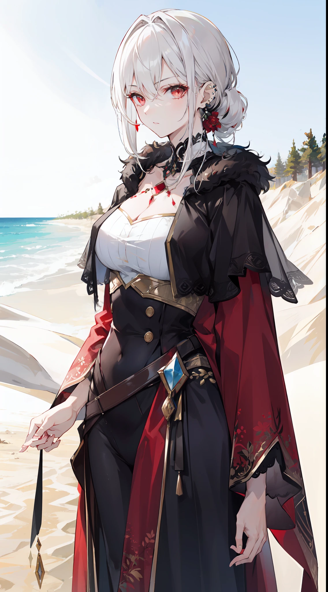 "A stunning mature woman with flowing white hair tied to the side, piercing red eyes glowing with intensity, adorned in a white desert cloak, standing in the vast expanse of sandy dunes."