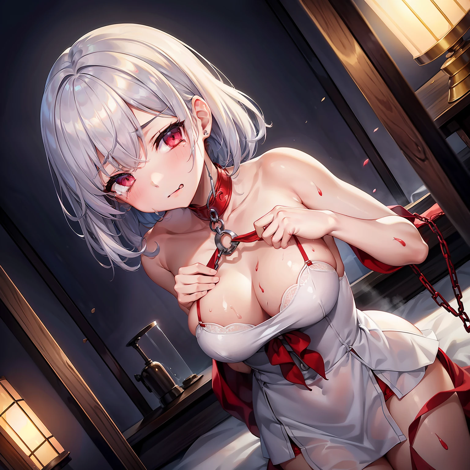Random posture、mix4、(8K、Raw photography、top-quality、masterpiece:1.2)、(realisitic、Photorealsitic:1.37)、big juicy lips、thick juicy thighs、make - up、 shiny breasts、Looking at the camera、Photorealsitic、cinema4d、octan render、Innovative、Curvaceous but slender、Mystical aura、Using advanced machine learning 、1 daughter、cute little、Cityscape、natta、Sateen、Wet、Professional Lighting、Photon mapping、Radio City、Physically Based Rendering、、Gradient black hair、、white hair、short curly hair、a handsome、girl with、White Ball Suit、top quality picture、hight resolution、1080p、(Crisp face)、(Detailed face description)、(Detailed hand description)、extreme light and shadows、Unkempt hair、Works of masters、abundant detail、Beautuful Women、woman swordsman、tongue-out、Elation、tongue、droolng、slaves、Play with multiple people、Chain around the neck、Tattoo from the side to the elbow、The tattoo、Mouth ajar、red blush、fleshy lips、obedience、Chick mouth、an lingerie、A warrior、Despair face、Feeling of defeat、lamentation、Lifeless face、humiliated、insult、Shackles、chains、Full of scratches、Sweating all over the body、Lacerations、laying on back、lie on one's side、disheveled hair、Heartbreaking cry、bleed、Bloody、full of sweat、agitation、perfectbody、The long-haired、hair adornments、Neat and clean fashion、Clothes are torn、The skirt is torn、Clear skin、Moist eyes、Grabbed the chest hard、arms held back、masutepiece、hight resolution、most beautiful image in the world、caves、murky、torches on the walls、torch light、Faraway view、Female Gymnasium、Hippari Octopus、Prisoner of War Woman、Manju Sosai、Wounds all over the body、Blood all over the body、tug of war、