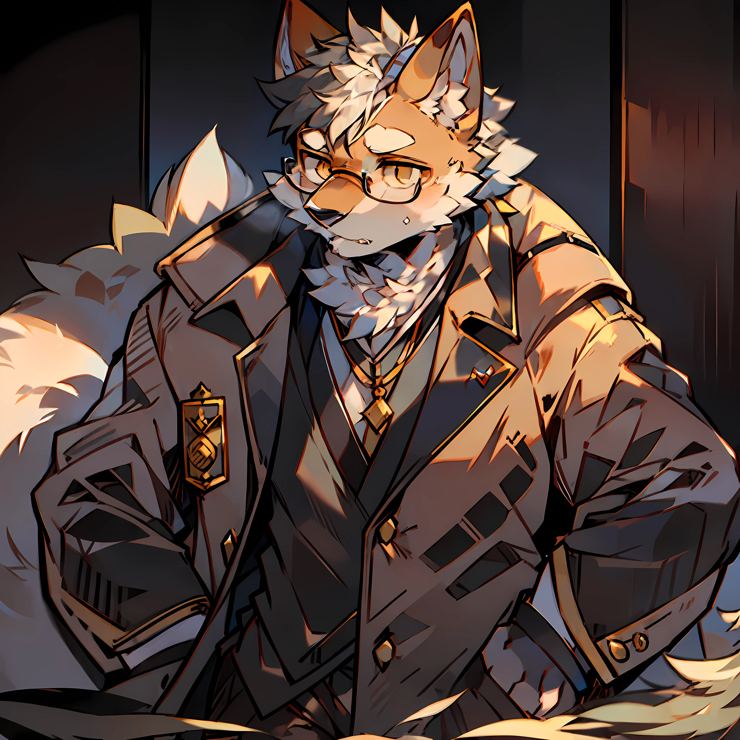 solo person，shaggy male，Furry，lbeard，Middle Age，Dogs，Shiba dog，dressed in a suit，light brown fur，Gold eyes，Wearing glasses，contemplative，Detective，