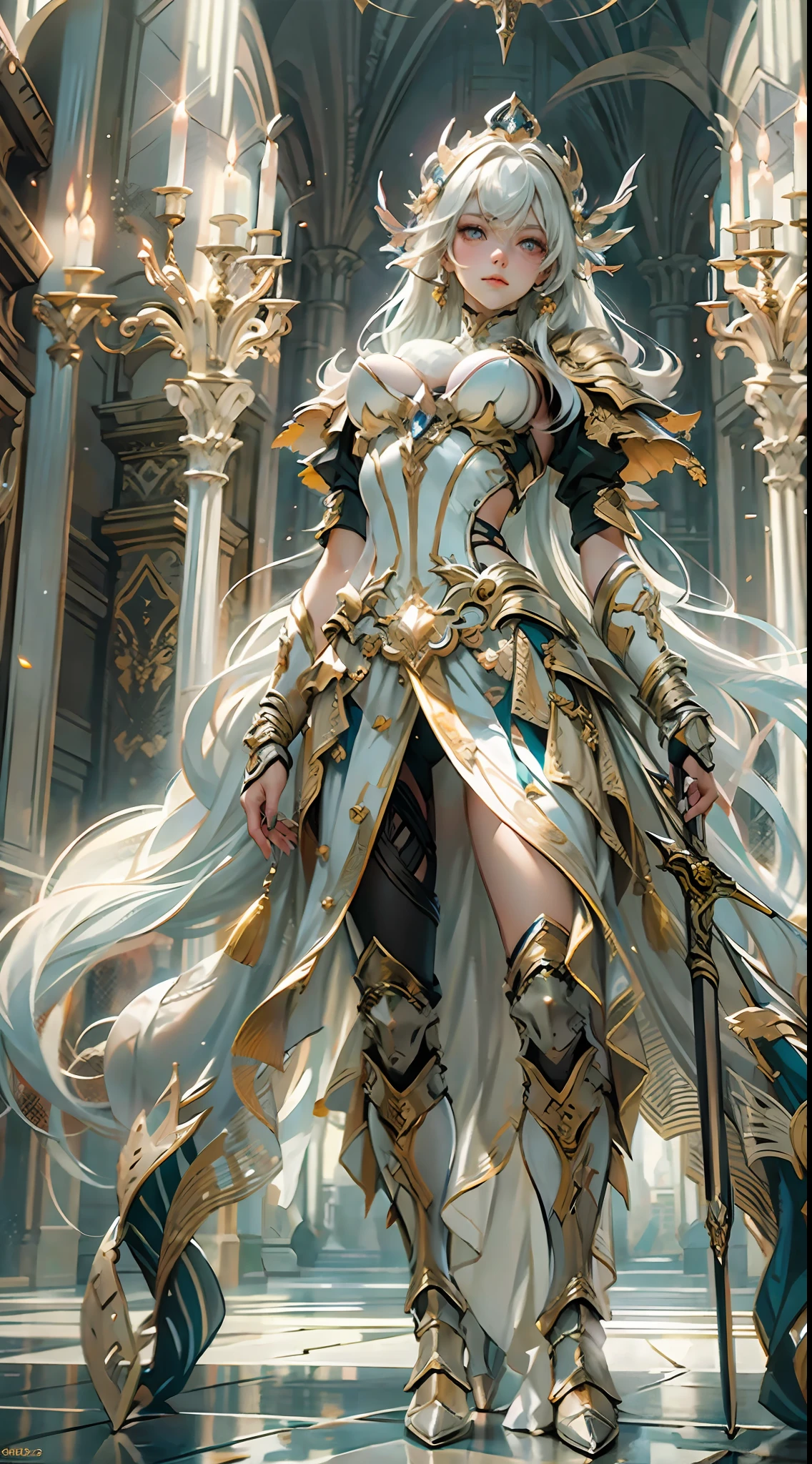 Wear a gorgeous platinum armor suit、Heroic portrait photo of the goddess，（（Light bokeh）），iintricate，（Gold, steel, metal [sceptre]），ellegance，tack sharp focus，photography of：greg rutkowski，gentlesoftlighting，vivd colour，tmasterpiece，（（a paradise） )), 详细的脸