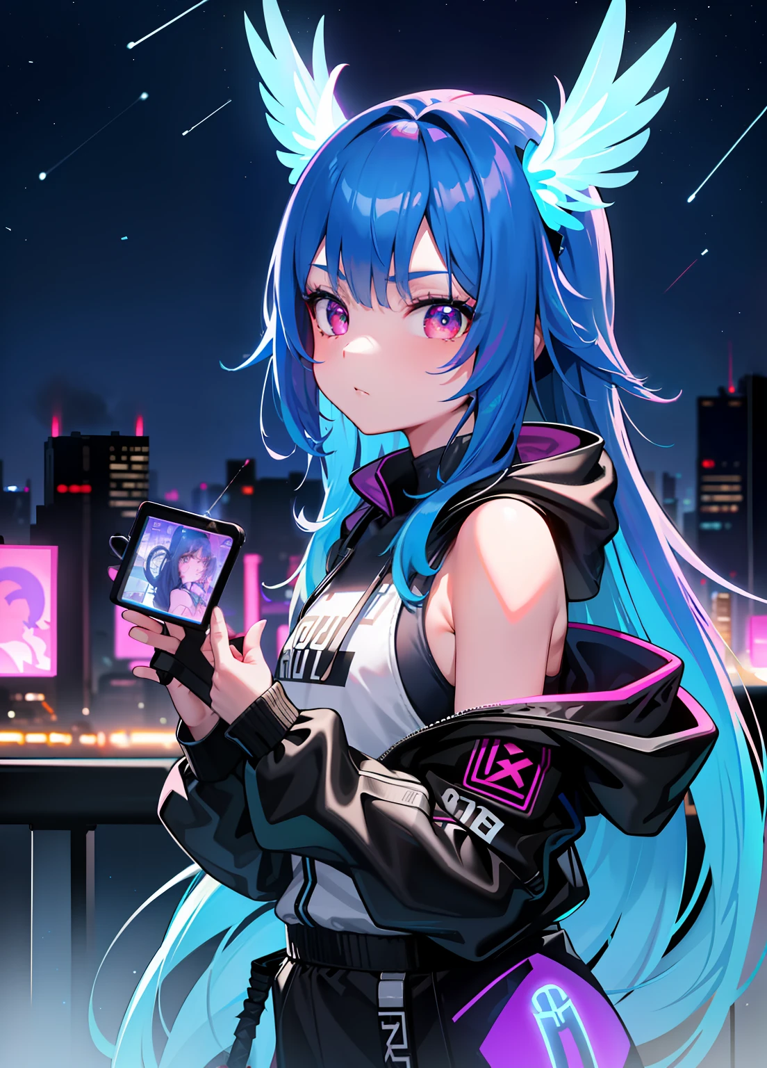 (Masterpiece), Best quality, 超高分辨率,, cyberpunk 1girl flying above stunning cityscape ,Hoodie,Blue hair,  neon color shooting stars, Very long hair, cropped shoulders, feathers hair ornament, Neon colors, twinkle, stunning night sky, Cinematic lighting, Photorealistic, Realistic skin, hdr,fish eye