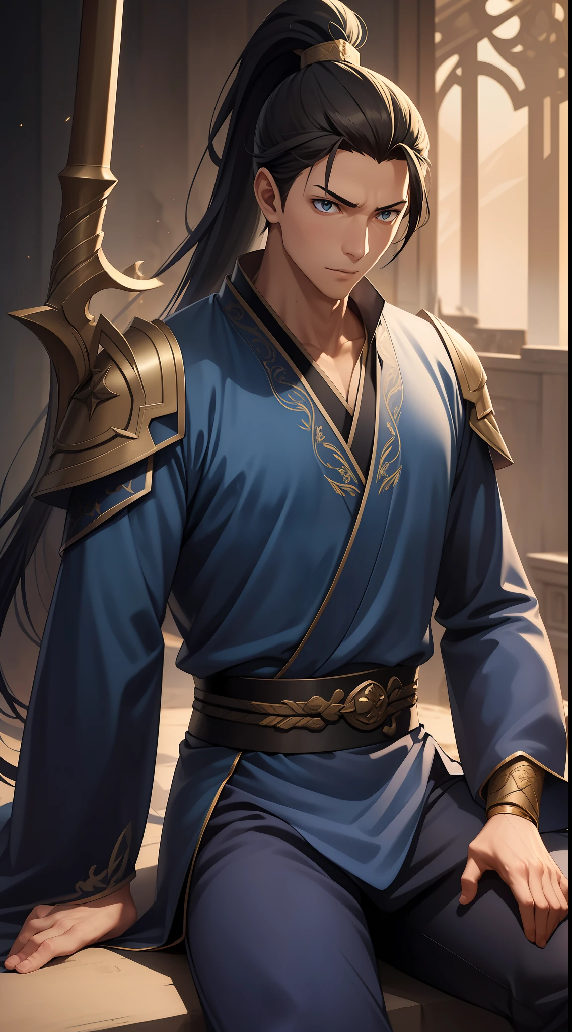 quadratic element，style of anime，mtu（Male Warrior），The proportions are correct，Face details，swordsmen，High ponytail hairstyle，Neck details，There is an Adam's apple，Blue suit，kaftan，long blue robes，clothes details，Handing over，longer sleeves，Game quality，Swordsmanship，Light and shadow tracking，Ray traching，detailed glow，cg render，hair detail，Blue long hair，blue colored eyes，Handsome，Handsome，（juvenile sense），Clothing is complicated，Perfectcomposition，Refinement，high qulity，higher details，Lots of details，The background is complex，a sense of atmosphere，