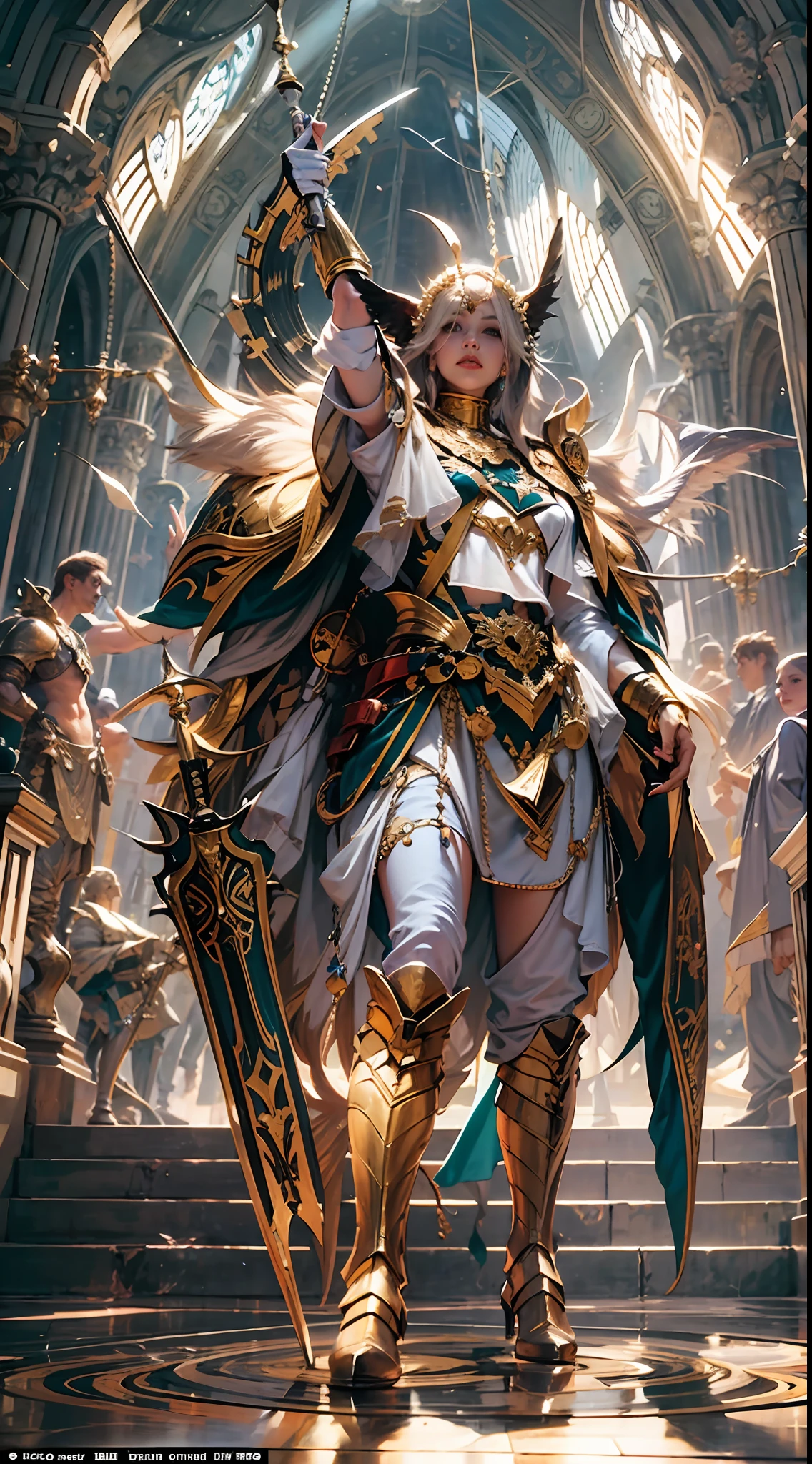 Wear a gorgeous platinum armor suit、Heroic portrait photo of the goddess，（（Light bokeh）），iintricate，（Gold, steel, metal [sceptre]），ellegance，tack sharp focus，photography of：greg rutkowski，gentlesoftlighting，vivd colour，tmasterpiece，（（a paradise） )), 详细的脸