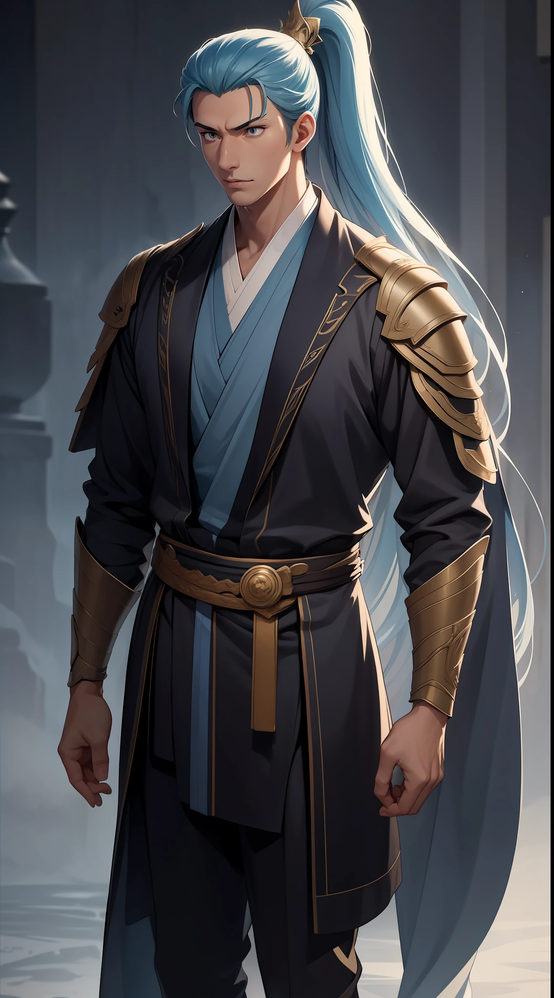 quadratic element，style of anime，mtu（Male Warrior），The proportions are correct，Face details，swordsmen，High ponytail hairstyle，Neck details，There is an Adam's apple，Blue suit，kaftan，long blue robes，clothes details，Handing over，longer sleeves，Game quality，Swordsmanship，Light and shadow tracking，Ray traching，detailed glow，cg render，hair detail，Blue long hair，blue colored eyes，Handsome，Handsome，（juvenile sense），Clothing is complicated，Perfectcomposition，Refinement，high qulity，higher details，Lots of details，The background is complex，a sense of atmosphere，