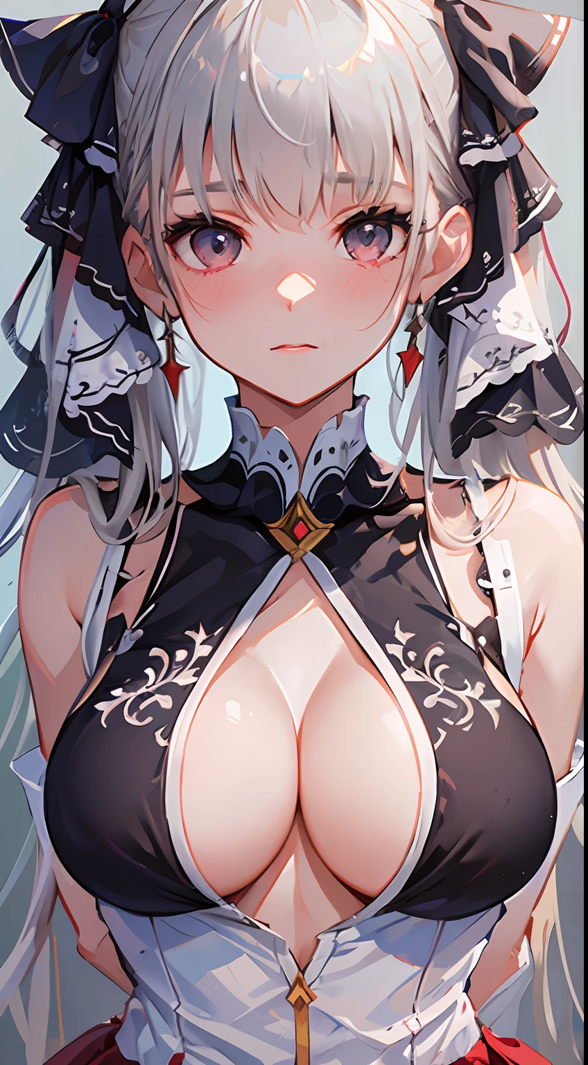 bronya zaychik (silverwing n-ex), masutepiece, Best Quality, Ultra-detailed, Illustration,(1girl in),Gray eyes, Looking at Viewer, close up, (Breast Focus), (arms behind back:1.2), (Breasts out:1.3), (off shoulders:1.1), (:1.1),Dress,Red nose,blush、All 、kiss