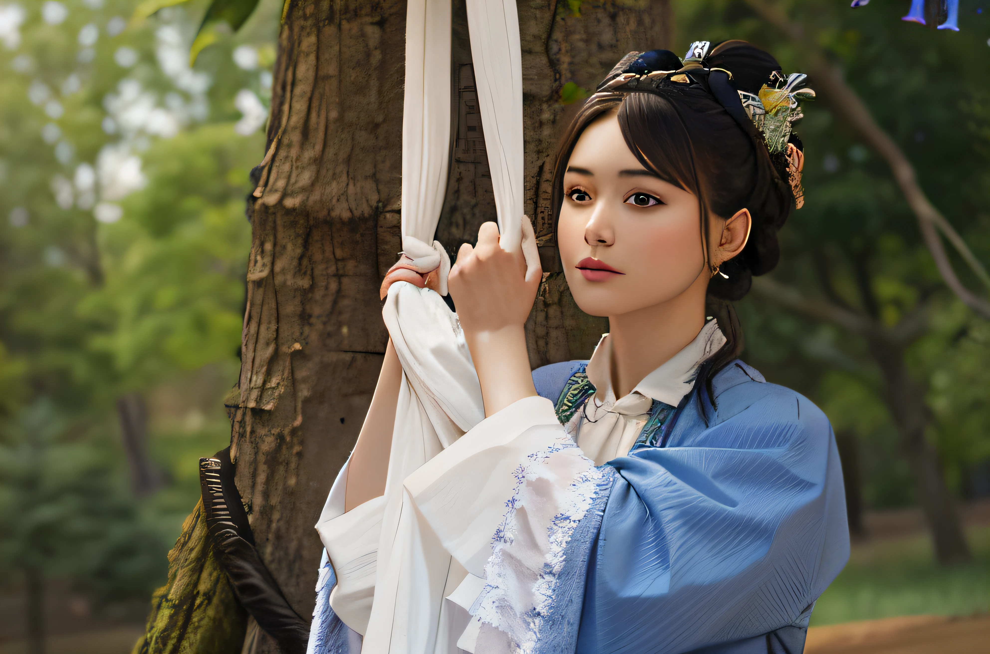 A woman in period costume hanged herself,prette,Tree Bright Ultra HD, retinas, Masterpiece, ccurate, Anatomically correct, Textured skin, Super detail, High details, High quality, Best quality, A high resolution, 8K, HD