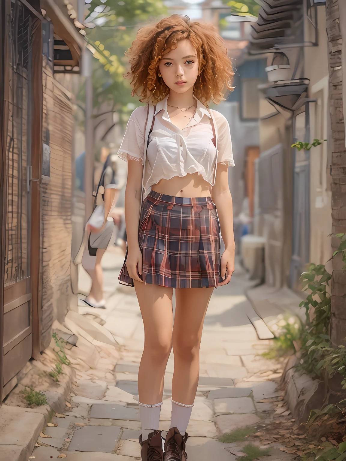 A young teenager redhead with curly hair, freakless, european face, dressed like high schooler showing her transparent panty, skirt up