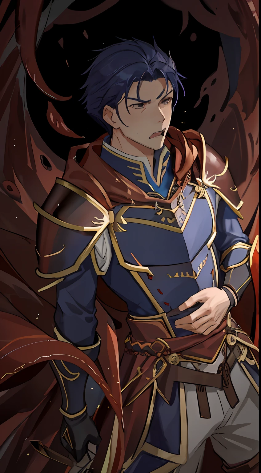 Hector Fey（adult man）， 独奏， ember，looking at viewert，hale and hearty，Tough guy，Handsome，Handsome，Tied by tentacles（Mucus-secreting tentacles） ，with her mouth open，drools，perspire，Strong，Magnificent，Tight combat uniform，Armour，Armour，Get wet， mitts， 1 man，weeping，Be red in the face， Male focus，Tentacles wrapped around thighs（Octopus tentacles wrap around thighs）， cloaks， Armour， Shoulder armor， Soaked leggings，Wrists bound by tentacles，Waist wrapped around tentacles