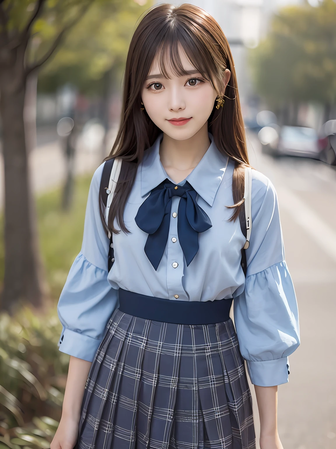 tmasterpiece，top-quality，offcial art，highly detailed CG Unity 8k wallpapers，Like schoolgirls，very delicate beautiful，超高分辨率，（realisticlying：1.4），golden hour lighting，（The upper part of the body），（Platinum shorthair：0.8），（puffy eye），looking at viewert，facingfront，ssmile，JK skirt，a blue dress，Shirt boosts long black hair