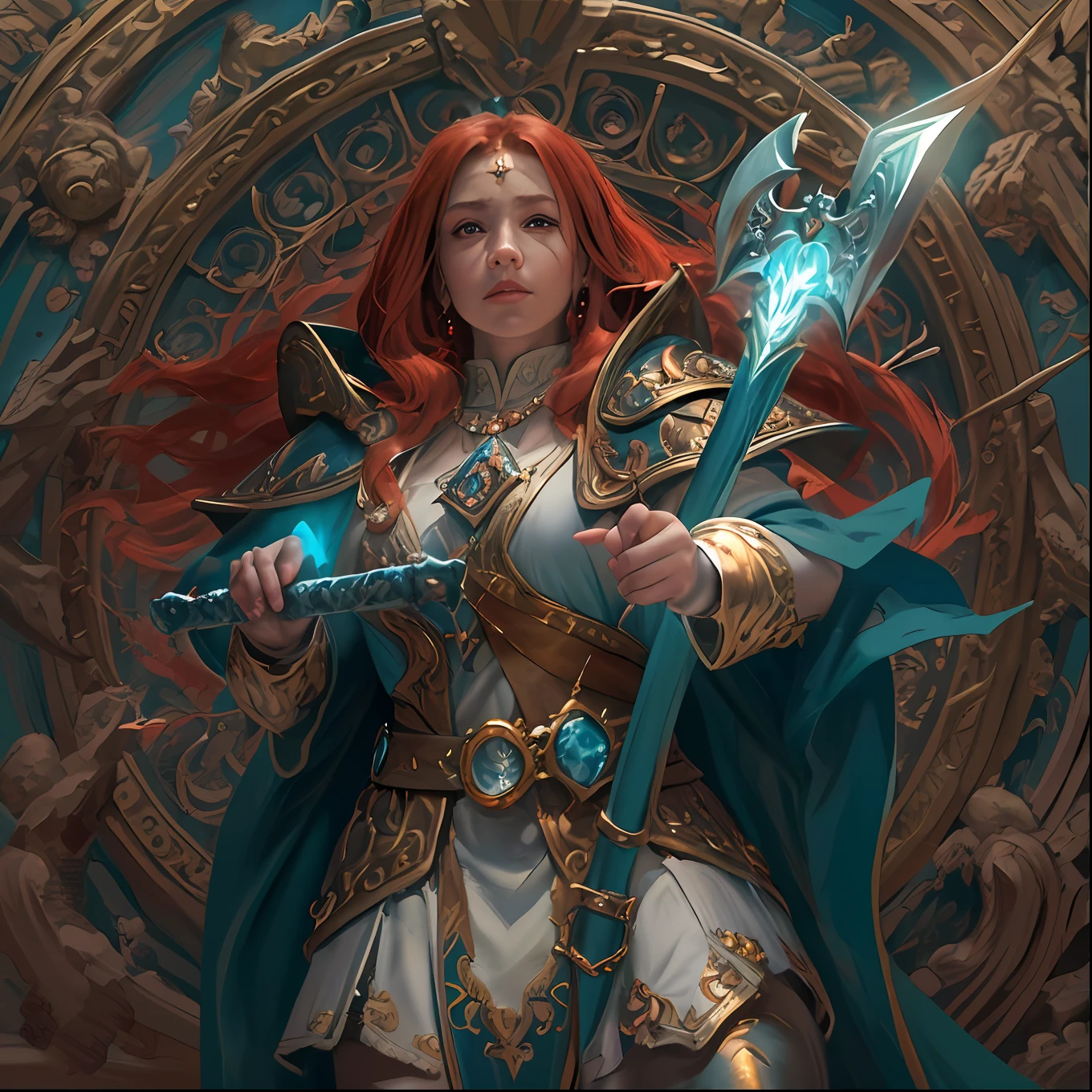 high details, best quality, 8k, [ultra detailed], masterpiece, best quality, (extremely detailed), dynamic angle, ultra wide shot, photorealistic, fantasy art, dnd art, rpg art, realistic art, an ultra wide picture of female dwarf cleric, holding axe, axe in flames, casting a spell, wearing heavy white armor (1.5 intese details, Masterpiece, best quality), blue cloak (1.5 intricate details, Masterpiece, best quality), holy symbol, blue light from symbol, red hair, intense eyes, green eyes, D&D female dwarf (1.5 intricate details, Masterpiece, best quality) fantasy temple background, celestial background, ((divine worship atmosphere)), high details, best quality, highres, ultra wide angle