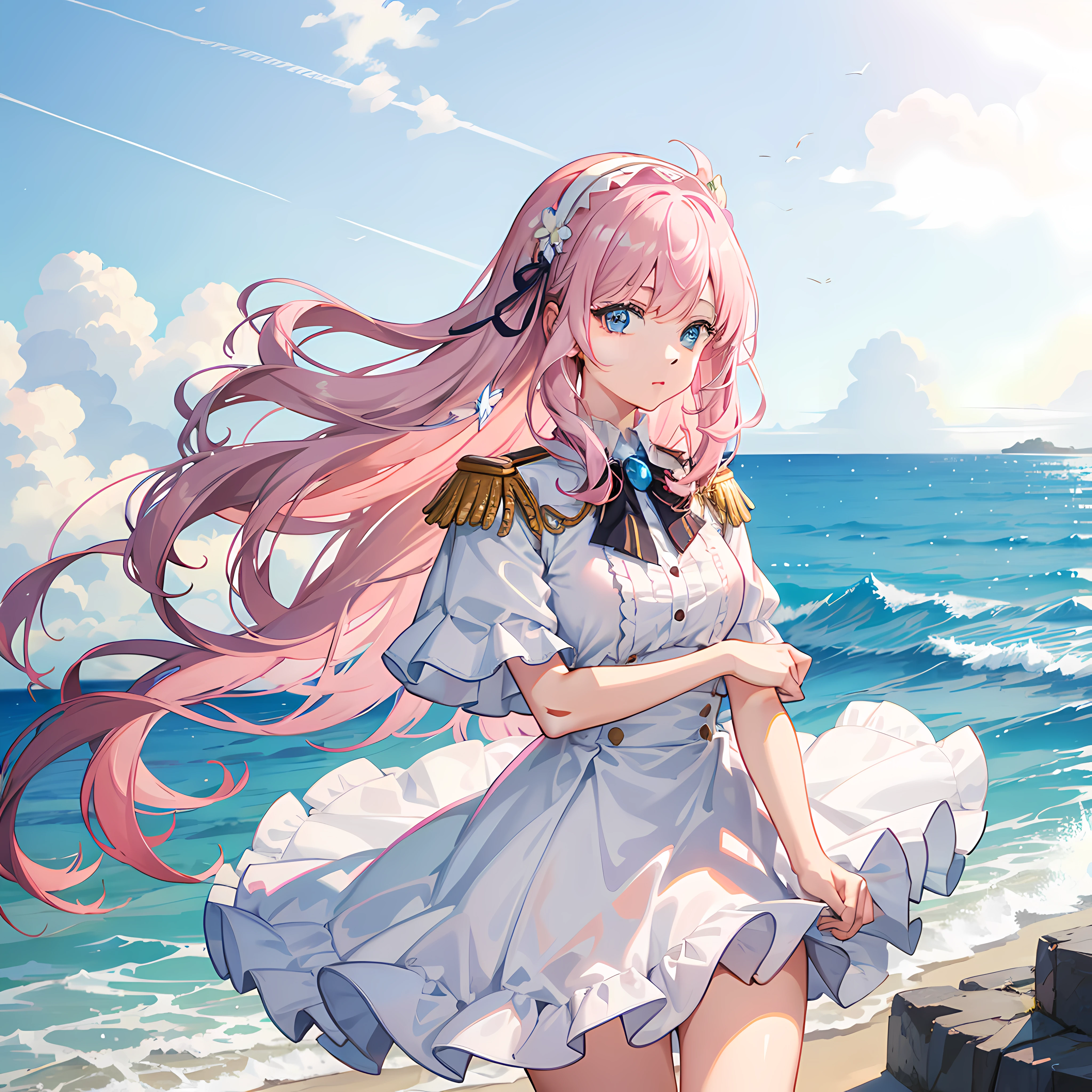1girls, Single person，(masterpiece:1.1), (Best quality:1.1), (White blouse:1.1), High-waisted skirt, Break [blue:Pink:0.5] theme, (gradient backgrounds :1.1), Cowboy shot, Cinematic light，The Perfect Hand， Break through pink hair, single horse tail, white hairband，White military uniform top, Pink epaulettes，Pink pleated skirt，White mid-tube boots，Pink stockings，Blue eyes， Mottled sunlight，seaside backgroud