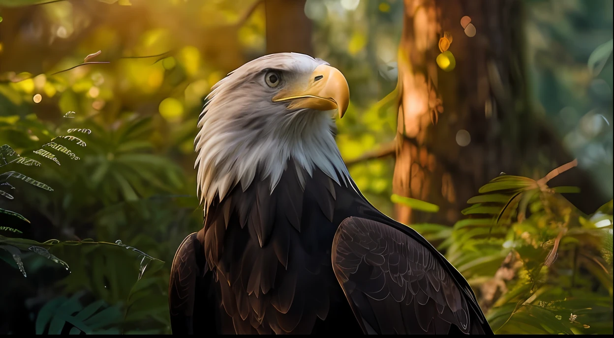 There is a bald eagle in the middle of a forest, an eagle, olhando majestoso na floresta, bald eagle, Eagle Head, aquila, with the beak of an eagle, head of an eagle, olhar orgulhoso, arte digital animal foto, beak of an eagle, foto de retrato, eagle beak, eagles, Falvie, foto de perfil, with an eagle emblem