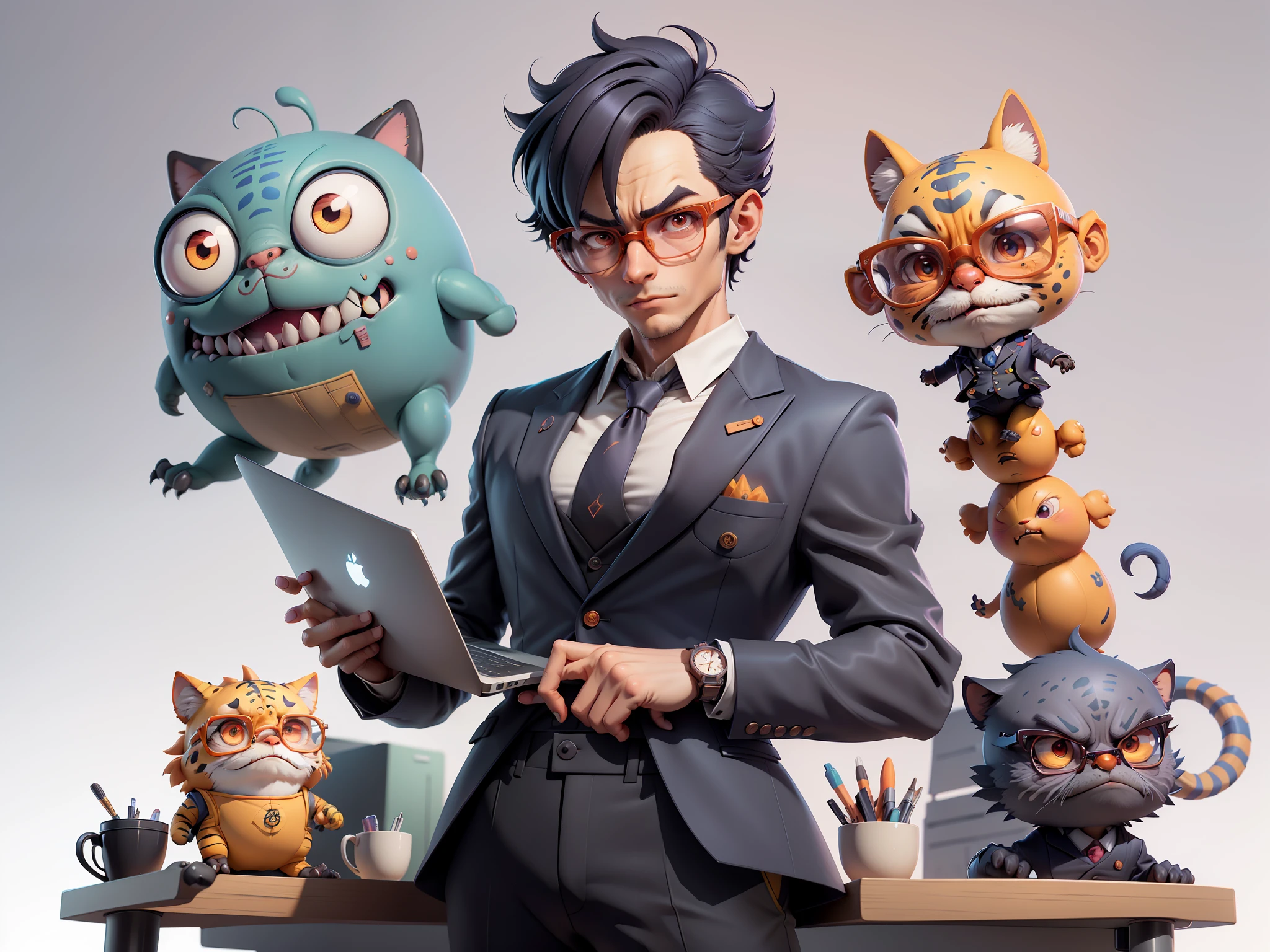A young man in a suit and pants, Short hair and glasses sat at his desk，holding laptop，digitial painting，tigre，3D character design by Mark Clairen and Pixar and Hayao Miyazaki and Akira Toriyama，4K HD illustration，Very detailed facial features and cartoon-style visuals。