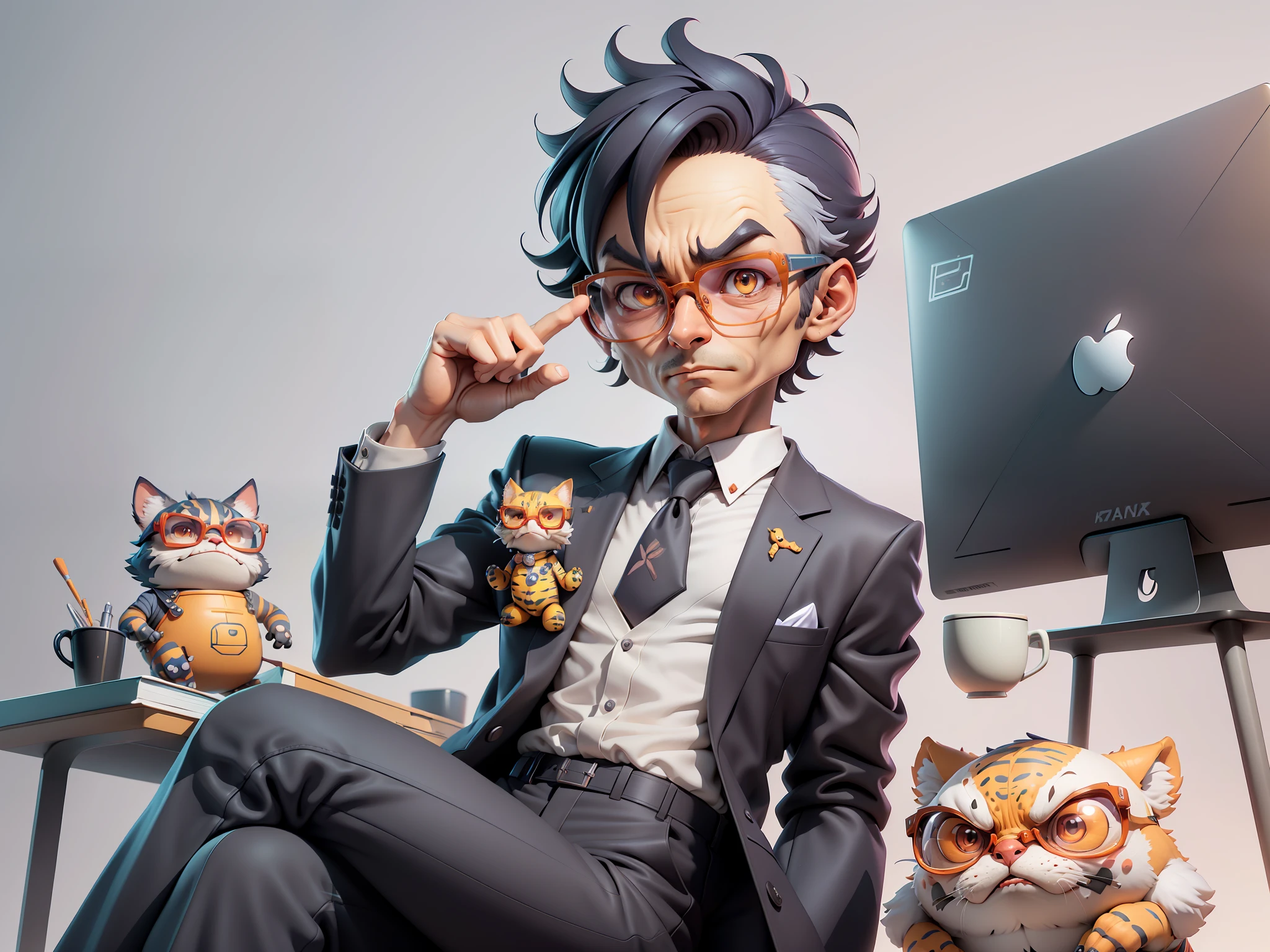 A young man in a suit and pants, Short hair and glasses sat at his desk,holding laptop,digitial painting,tigre,3D character design by Mark Clairen and Pixar and Hayao Miyazaki and Akira Toriyama,4K HD illustration,Very detailed facial features and cartoon-style visuals。