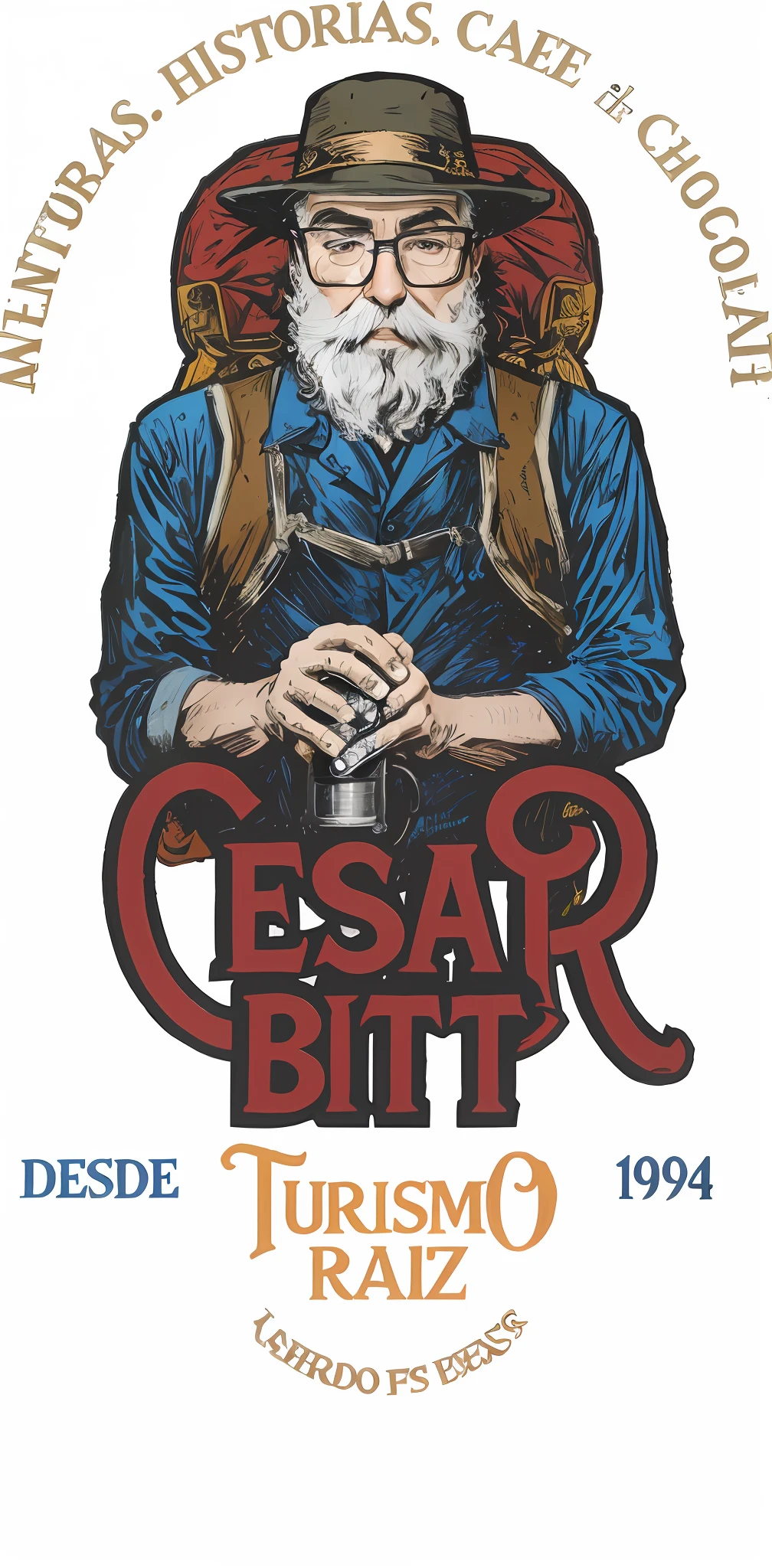There's a man with a beard and glasses holding a camera, caesar, Directed by: Eduardo Otho Cresap Ord, II, inspirado em George Caleb Bingham, charuto, arte do logotipo, Directed by: Cesar Everdingen, Oscar, retro label, inspirado em Matt Bors, logotipo da cerveja, Arte Oficial, Directed by: Caspar Lobo, Vencedor do Oscar