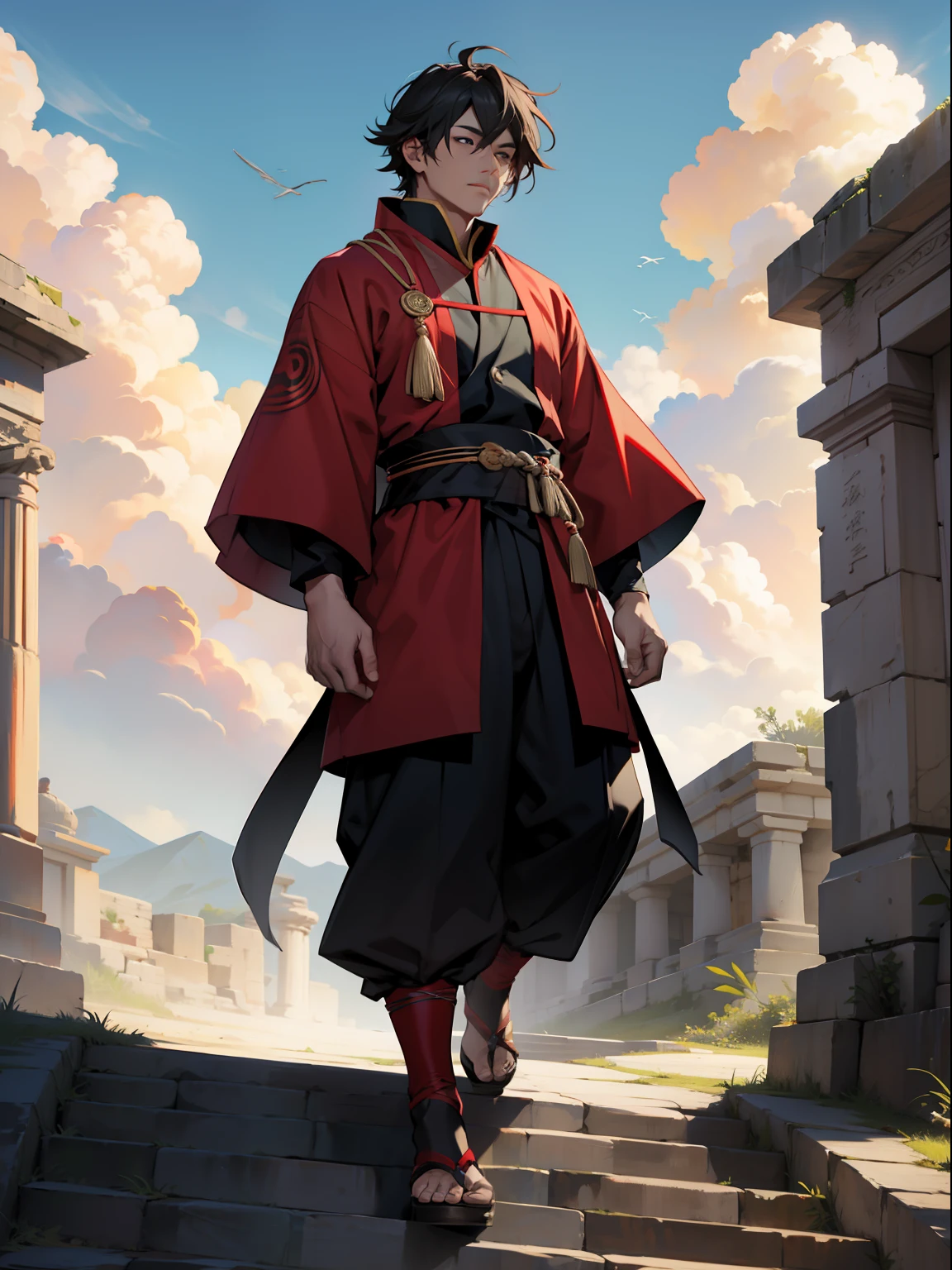 of a guy，Ancient Tang costume，Black and red clothing colors，In the daytime，Step on the clouds，