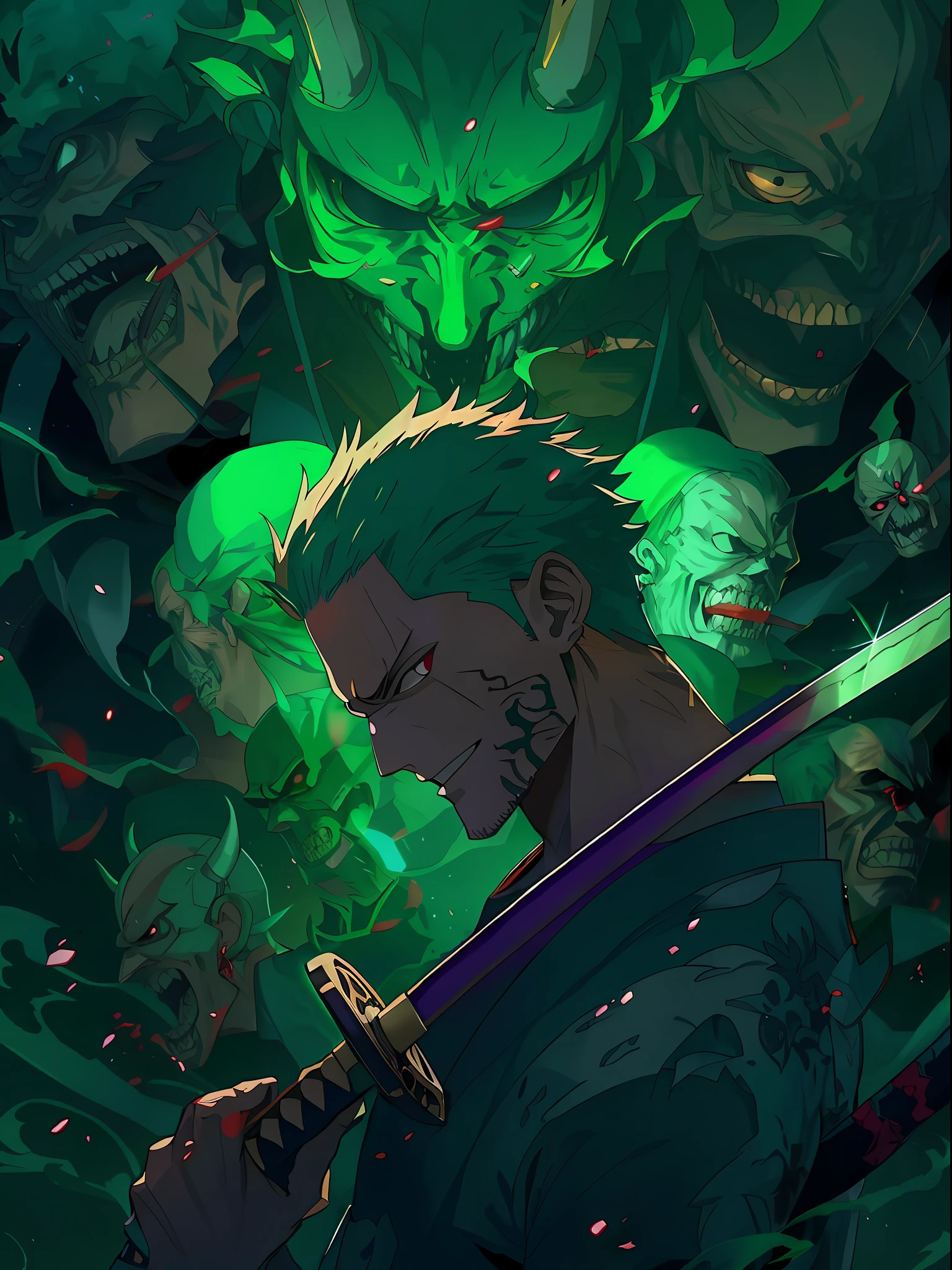 anime character with green hair holding a sword surrounded by skulls, roronoa zoro, badass anime 8 k, anime epic artwork, demon slayer artstyle, anime art wallpaper 4 k, anime art wallpaper 4k, 4k anime wallpaper, anime wallpaper 4 k, anime wallpaper 4k, anime art wallpaper 8 k, 4 k manga wallpaper, anime wallaper