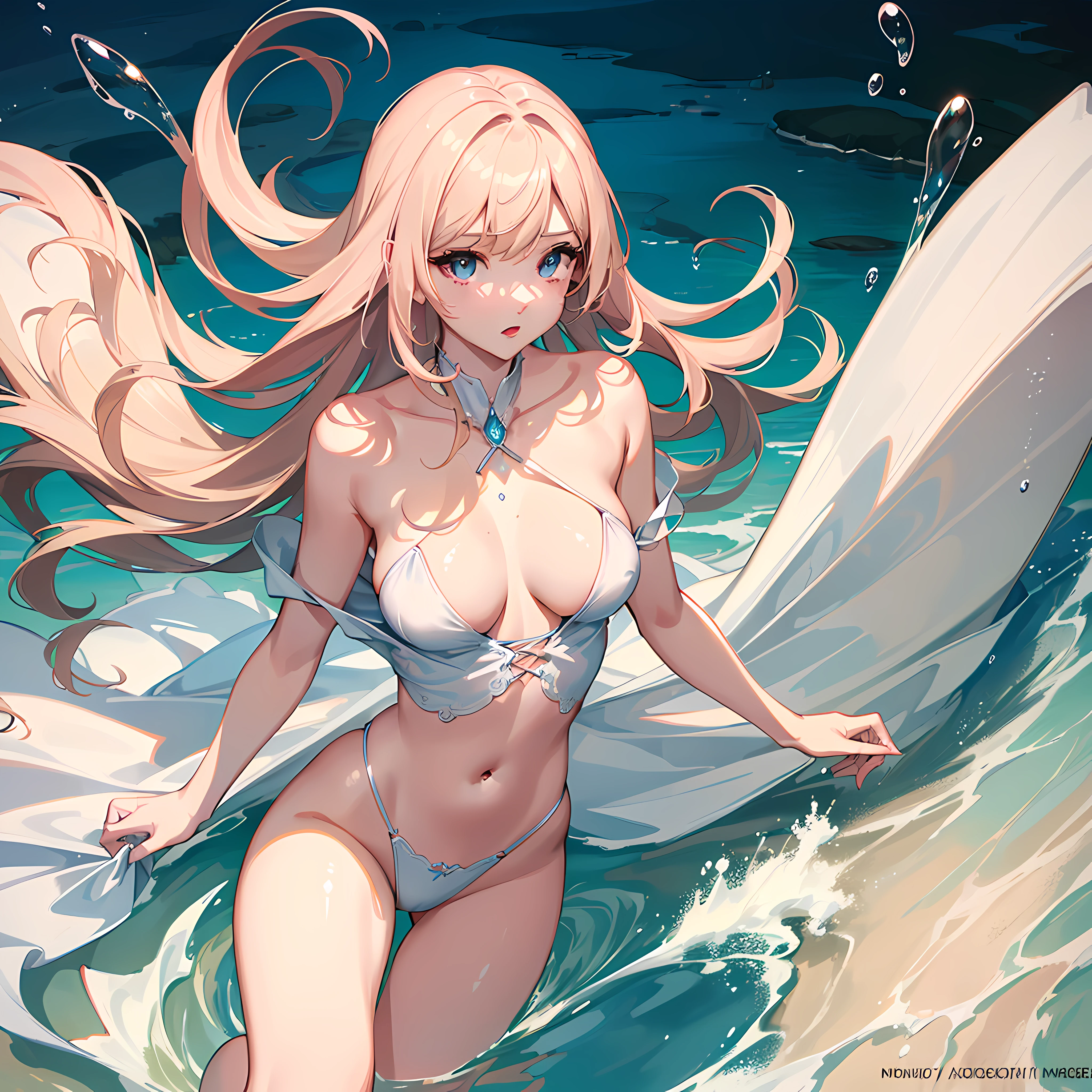 (extremely detailed CG unity 8k wallpaper,masterpiece, best quality, ultra-detailed, beautiful detailed eyes:1.2),best illumination, (best shadow, an extremely delicate and beautiful, bloom), 1gril,solo,(masterpiece), (best quality), (ultra-detailed), (solo), 1girl, (extremely delicate and beautiful body)(masterpiece), (best quality), (ultra-detailed), (illustration), amazing,, Woman in the water, blond hair, pink knit dress, fair complexion, thick lips, red lips, blue eyes, difficulty breathing, painful expression, tropical fish swimming elegantly around,