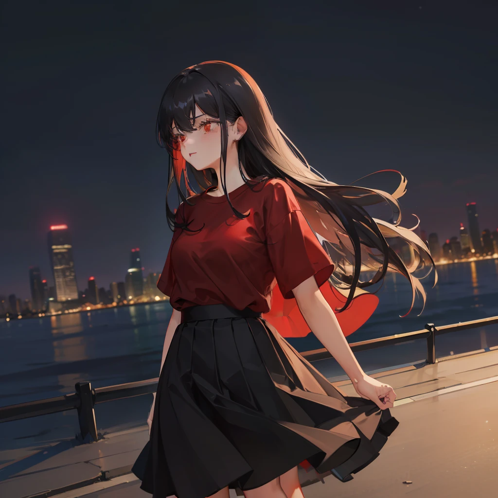 masterpiece、hightquality、vivd colour、(((Long Black Hair)))、(((Red Shirt)))、(((a black skirt)))、(((Residential area)))、(((dark)))、(((Night city)))