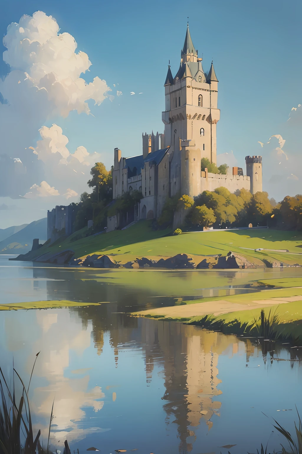 (masterpiece, realistic:1.3),
estuary, sky, reeds, landscape, oil painting, detailed, 4k texture, castle