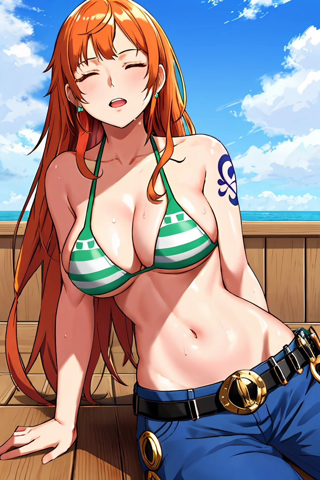 ship deck detailed background, top view shot, masterpiece, 4k, epic, best quality, late youth, adult, milf, athlete body, 1girl, ((wide open mouth, on deck floor, completely lying down, lying down on her back, knocked out, closed eyes, left hand straight left, right hand straight right)) , solo, nami \(one piece\), 1girl, bangle, (very wet, drenched in sweat, sweat all over body, very missy hair, tired, open mouth, exhausted, sweaty face, sweaty body, bruises, injury, feeling hot, sweating too much, shiny sweat, serious, hurt, glaring, closed eyes, looking up, perfect detailed face, round face, sweat on face) bold drawing lines, muscular arms, detailed bold arm lines, flat jaw, adult woman, wavy wide streaked bangs, floating bang, (big cheeks), bare shoulders, off-shoulders, belt, bikini, bikini top only, bracelet, springy breasts, breast lines, big round eyes, very big brown shiny eyes, bubbles, high eye position, cleavage, day, denim, earrings, floating hair, shiny hair, green belt, green bikini, bold groin lines, jeans, jewelry, medium breasts, log pose, long hair, looking at viewer, long navel, wet hair, orange hair, pants, shoulder tattoo, sidelocks, sky, solo, stomach, swimsuit, tattoo, detailed arms, big forehead, hourglass figure, small head, toned body, wide hair, wind effect, sun effect, under the sun, narrow small ears angle, older