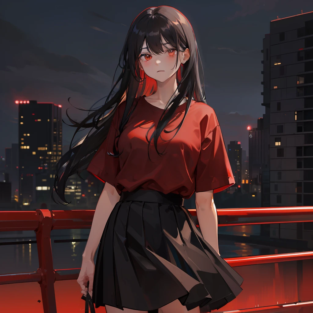 ​masterpiece、hightquality、vivd colour、(((Long Black Hair)))、(((Red Shirt)))、(((a black skirt)))、(((Residential area)))、(((dark)))、(((Night city)))