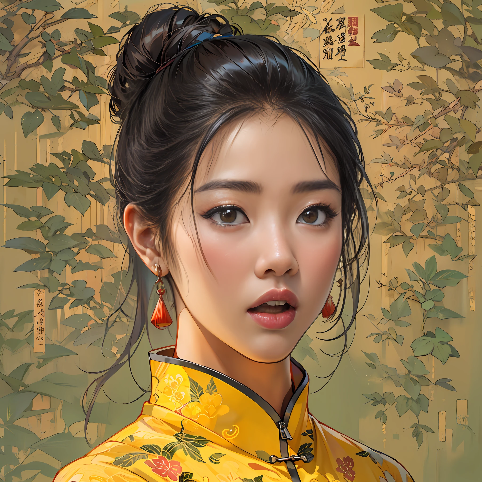 Young Asian woman in yellow cheongsam，A surprised look on his face，Full of curiosity and shock, ,in the style of the stars art group xing xing, 32K, Best quality, Masterpiece, Super detail, High details,