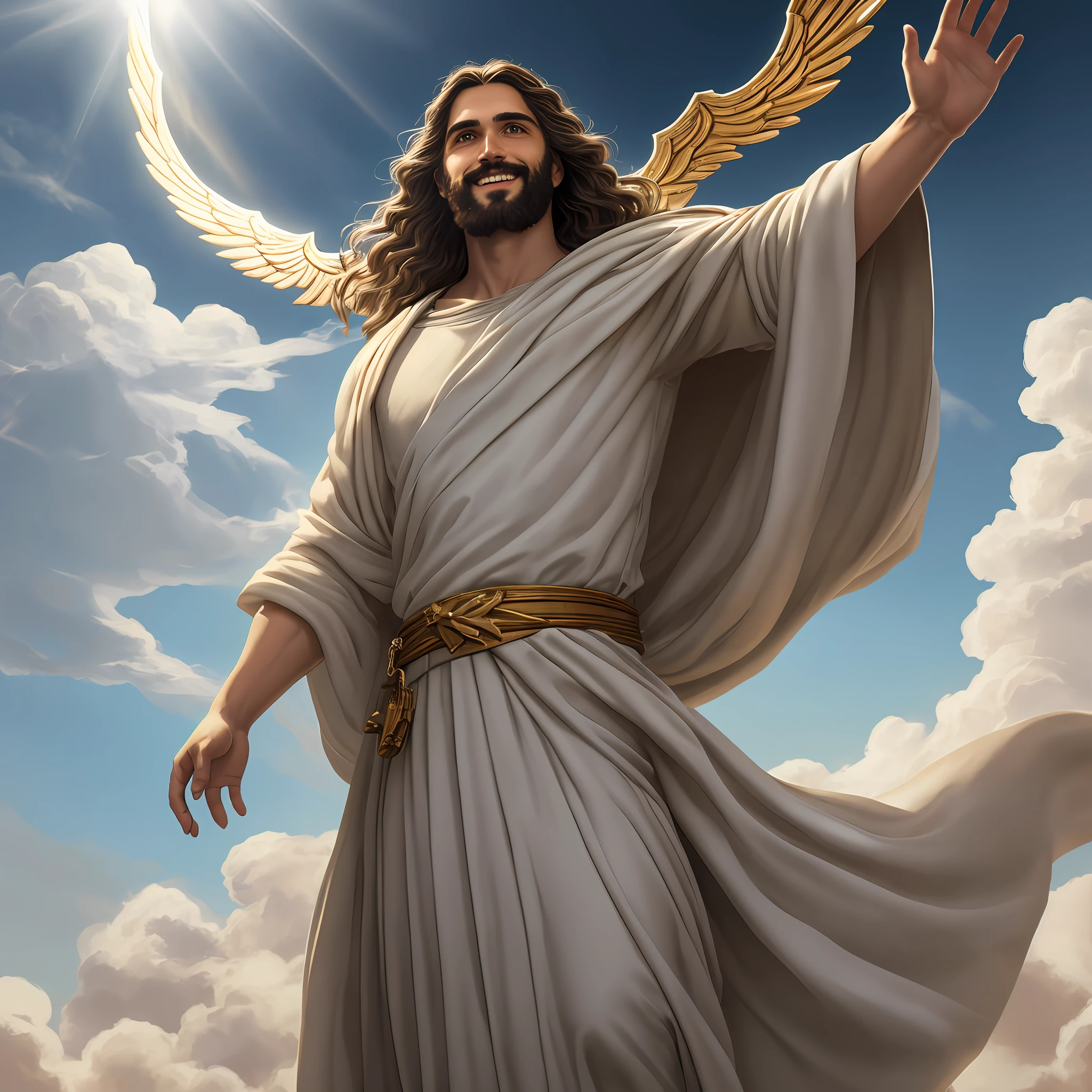 Jesus second coming in the heavens, ( Realistic) age 35 old years, Cross crown, a tunic and a golden breastplate, hair as brown as snow, eyes as flames of fire, feet as refined bronze in the furnace, light smile, Surrealism, backlighting, cinematic lighting, high quality, high details, 8K 3D best quality,Real Jesus flying on sky with a flying cloud in the background, Jesus walking on water, biblical illustration, epic biblical representation, forcing him to flee, coming out of the ocean, ! holding in hand!, disembarking, god of the ocean, beautiful representation, 8k 3D Model, realistic,
a 3D Realistic of jesus with a halo in the sky, jesus christ, smiling in heaven, portrait of jesus christ, jesus face, 35 young almighty god, portrait of a heavenly god, greg olsen, gigachad jesus, jesus of nazareth, jesus, the face of god, god looking at me, he is greeting you warmly, he is happy, avatar image
