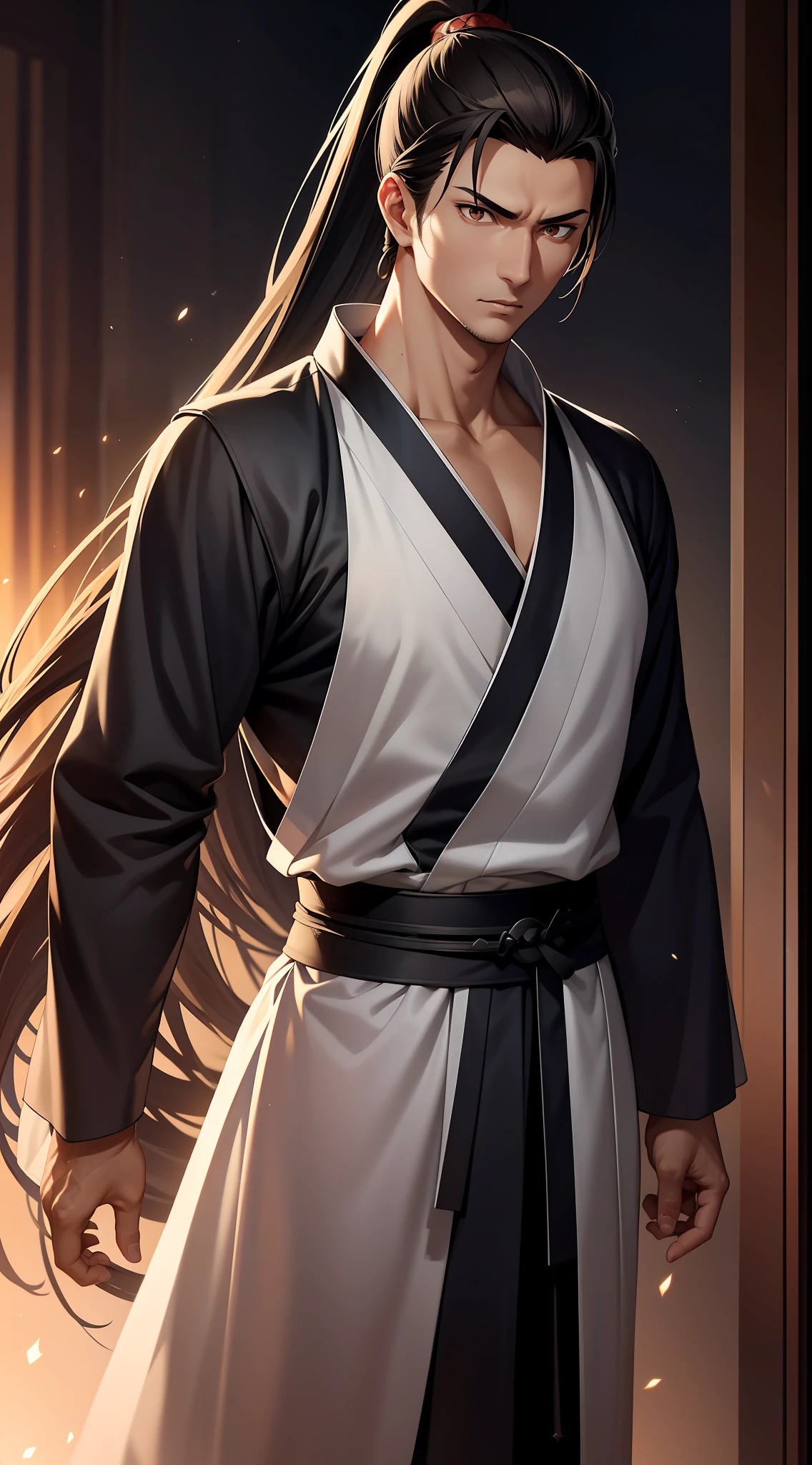quadratic element,style of anime,mtu(Male Warrior),The proportions are correct,Face details,swordsmen,High ponytail hairstyle,Neck details,There is an Adam's apple,Black Hanfu,kaftan,black toga,clothes details,Handing over,longer sleeves,Game quality,Swordsmanship,Light and shadow tracking,Ray traching,detailed glow,cg render,hair detail,cabelos preto e longos,Black ㇏ eyes,Handsome,Handsome,(juvenile sense),Clothing is complicated,Perfectcomposition,Refinement,high qulity,higher details,Lots of details,The background is complex,a sense of atmosphere,