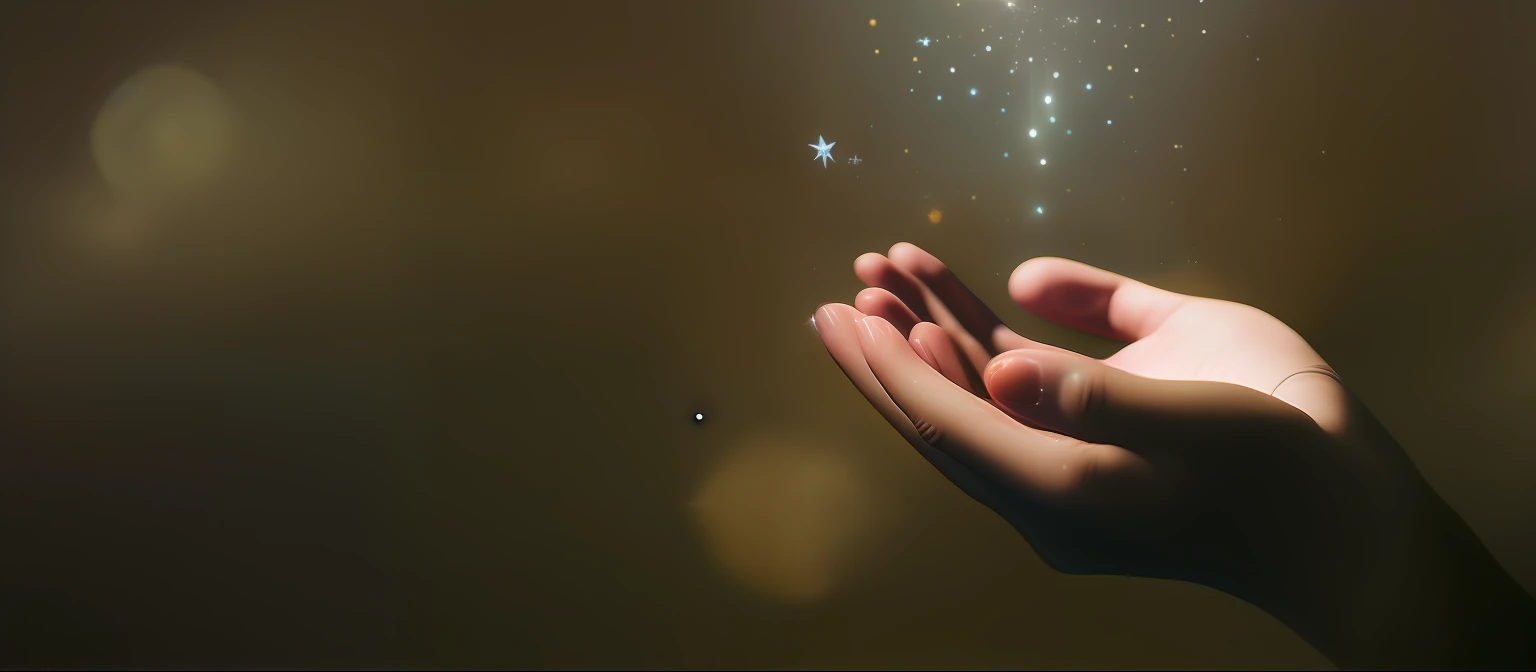 someone holding out their hands with a star in the background, emanating magic from her palms, magic particles in the air, hands touching light drops, paul barson, fairy dust in the air, coherent hands, magical particles, glowing glittery dust in the air, floating dust particles, blessing hands, dust particles, magic art flowing from hands, alessio albi