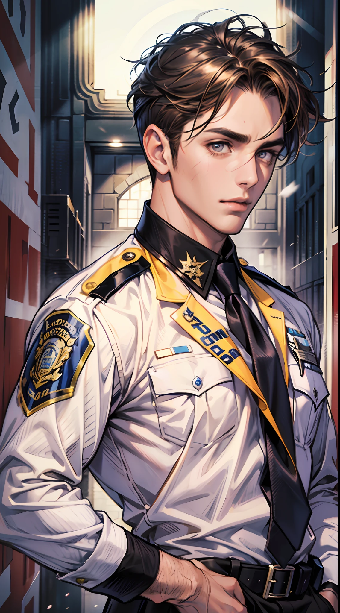 （absurderes，A high resolution，Hyper-detailing，hdr），tmasterpiece，Optimal quality，1boys，Handsome，Short brown hair，Fine eyes and detailed face，（with brown eye），wearing police officer uniform，Forehead，self-shot，