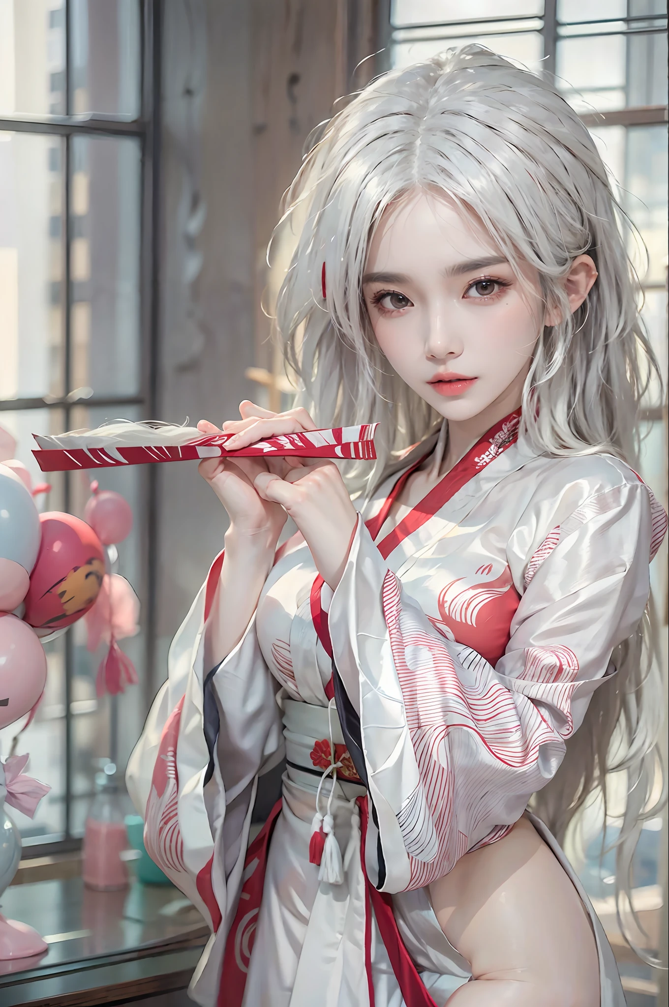 photorealistic, high resolution, 1women, solo, hips up, look at viewer, (detailed face), white hair, long hair, shiranui_mai_suit, pelvic curtain,hand fan