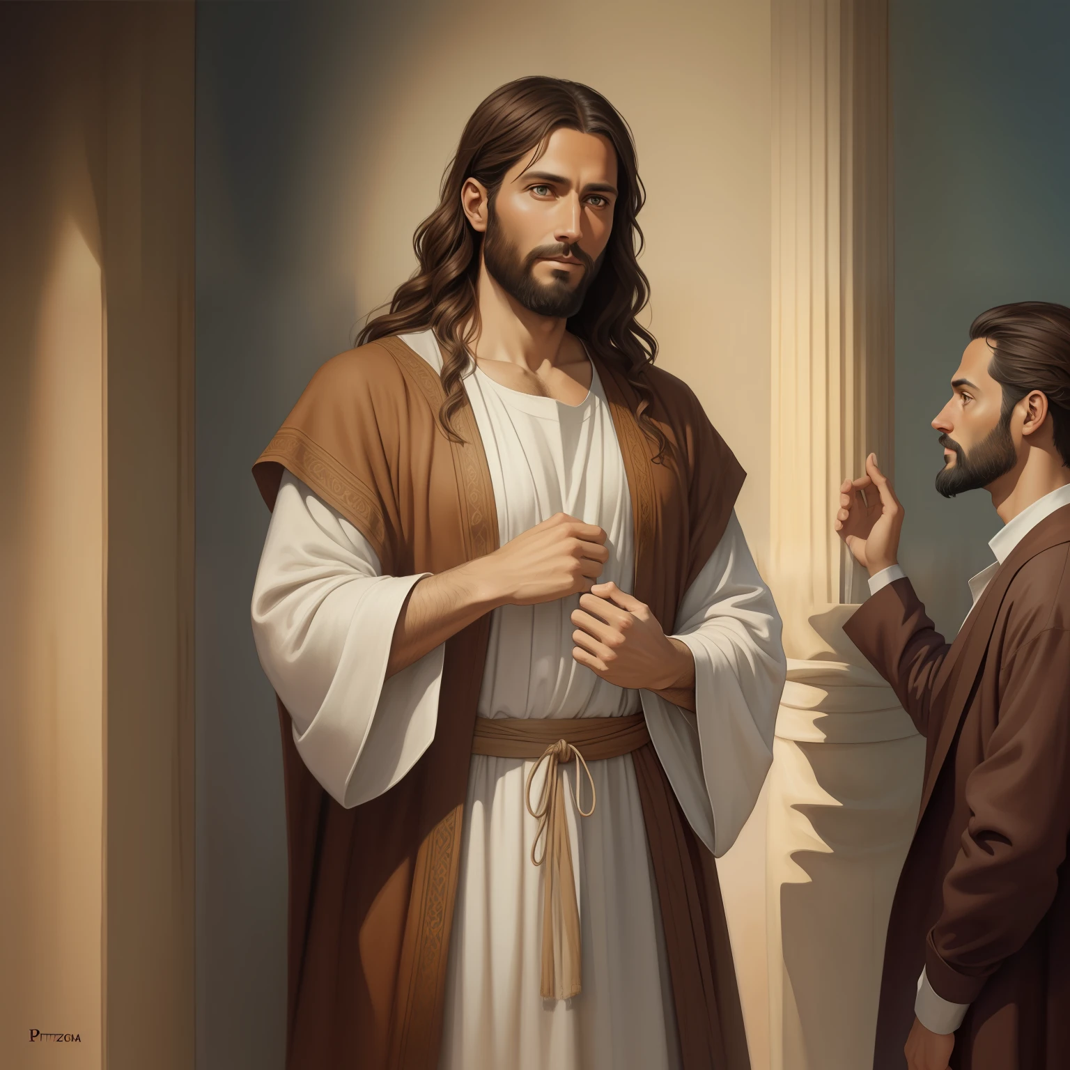 A beautiful ultra-thin realistic portrait of Jesus, the prophet, a man 35 years old Hebrew brunette, short brown hair, long brown beard, with, Helping People , wearing long linen tunic closed on the chest part, in front view, full body, biblical, realistic,by Diego Velázquez,Peter Paul Rubens,Rembrandt,Alex Ross,8k, Concept Art, PhotoRealistic, Realistic, Illustration, Oil Painting, Surrealism, HyperRealistic, helping people , Digital art, style, watercolor
