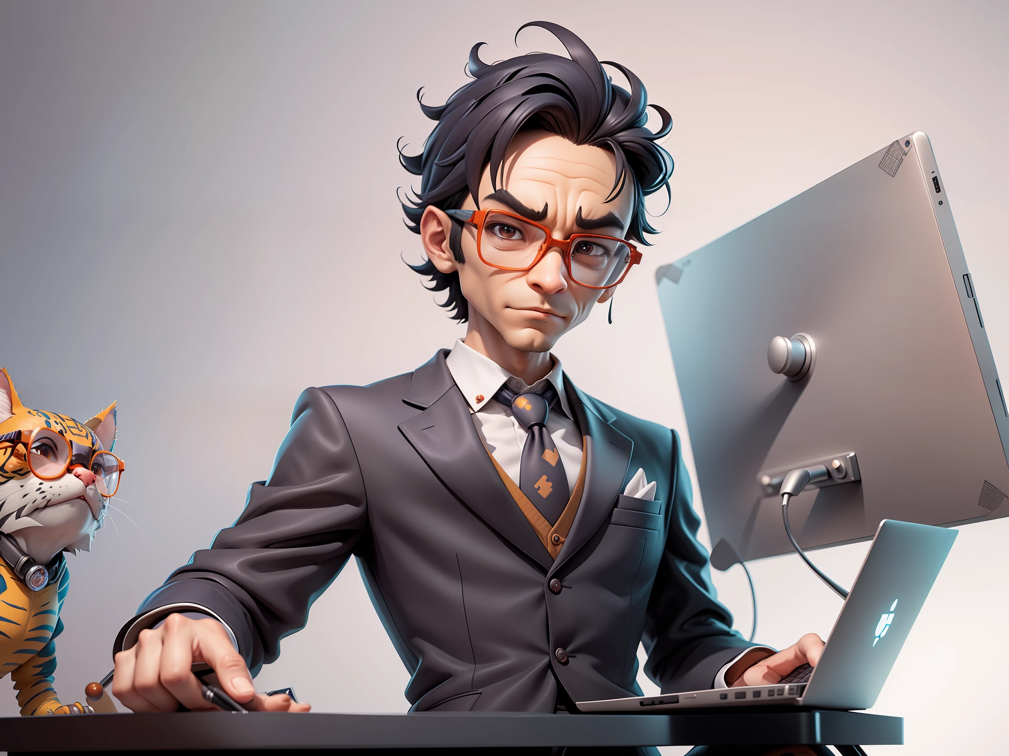 A young man in a suit, Short hair and glasses sat at his desk,holding laptop,digitial painting,tigre,3D character design by Mark Clairen and Pixar and Hayao Miyazaki and Akira Toriyama,4K HD illustration,Very detailed facial features and cartoon-style visuals。