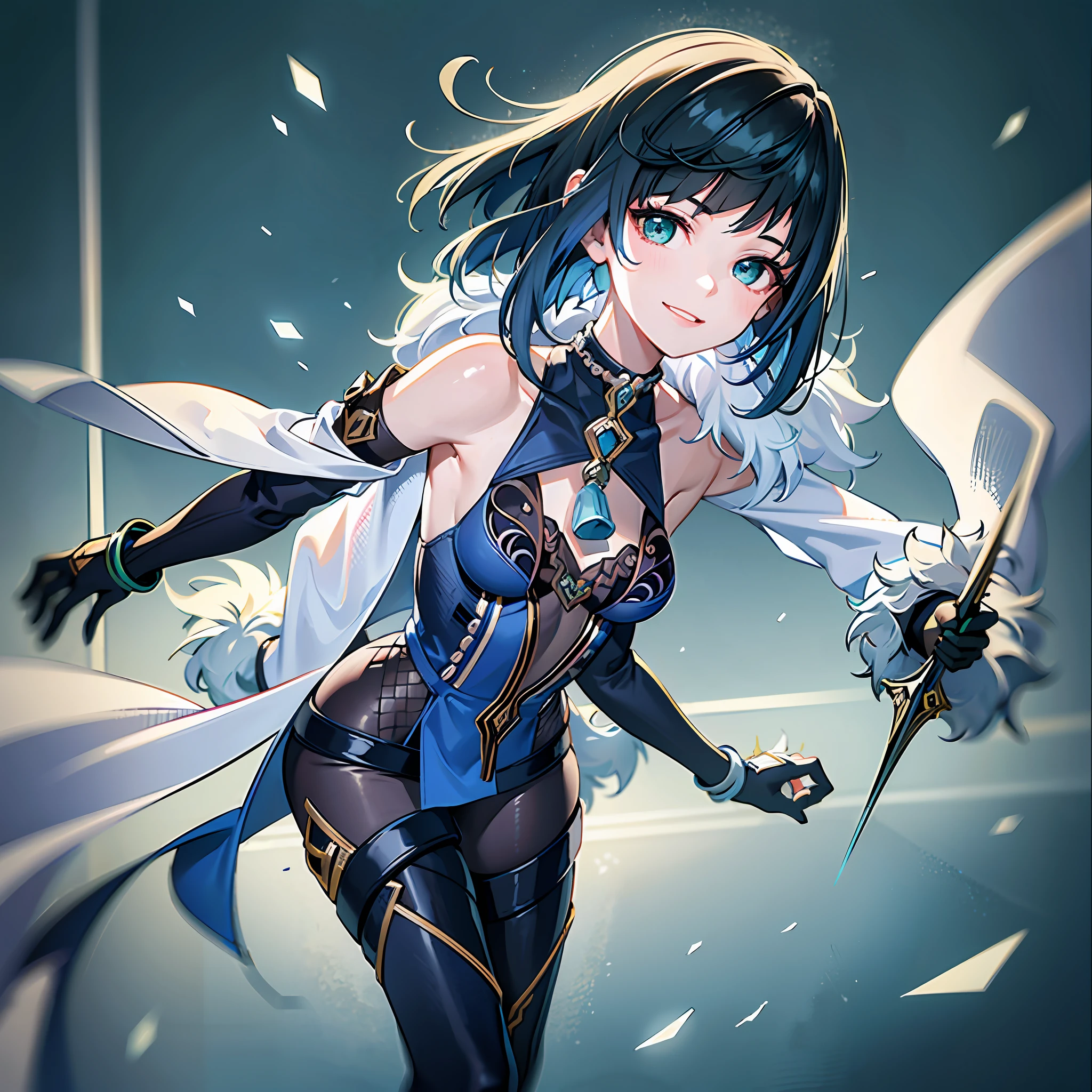 1girl, (solo:1.2), ((masterpiece)), [slim], (small breasts), pale skin, ((detailed eyes)), (background blur), yelandef, blue attire, short hair, gradient hair, glove, thigh highs, fully clothed, gentle, smile, green eyes
