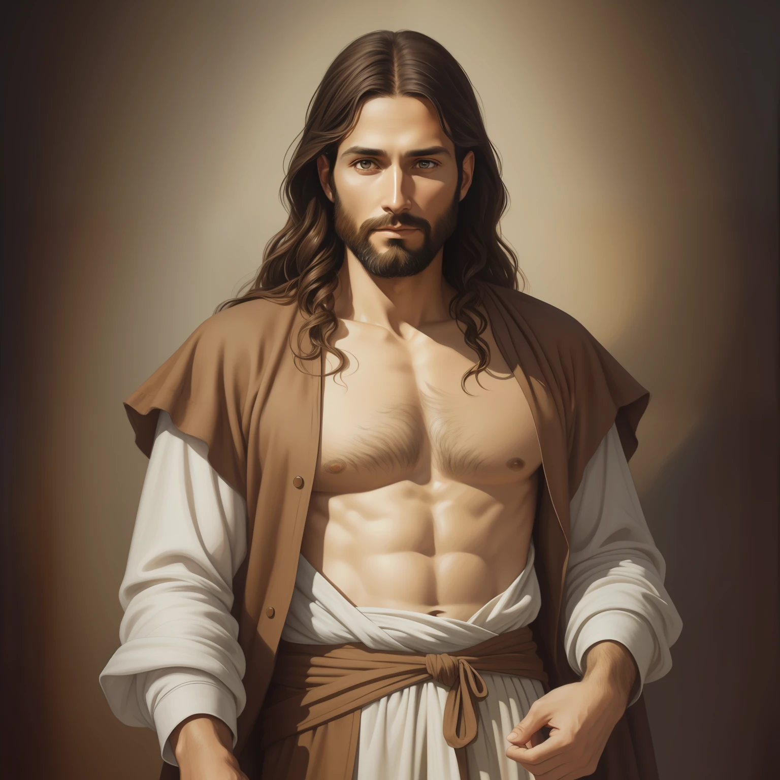 A beautiful ultra-thin realistic portrait of Jesus, the prophet, a man 35 years old Hebrew brunette, short brown hair, long brown beard, with, Helping People , wearing long linen tunic closed on the chest part, in front view, full body, biblical, realistic,by Diego Velázquez,Peter Paul Rubens,Rembrandt,Alex Ross,8k, Concept Art, PhotoRealistic, Realistic,  Illustration, Oil Painting, Surrealism, HyperRealistic, helping people , Digital art, style, watercolor