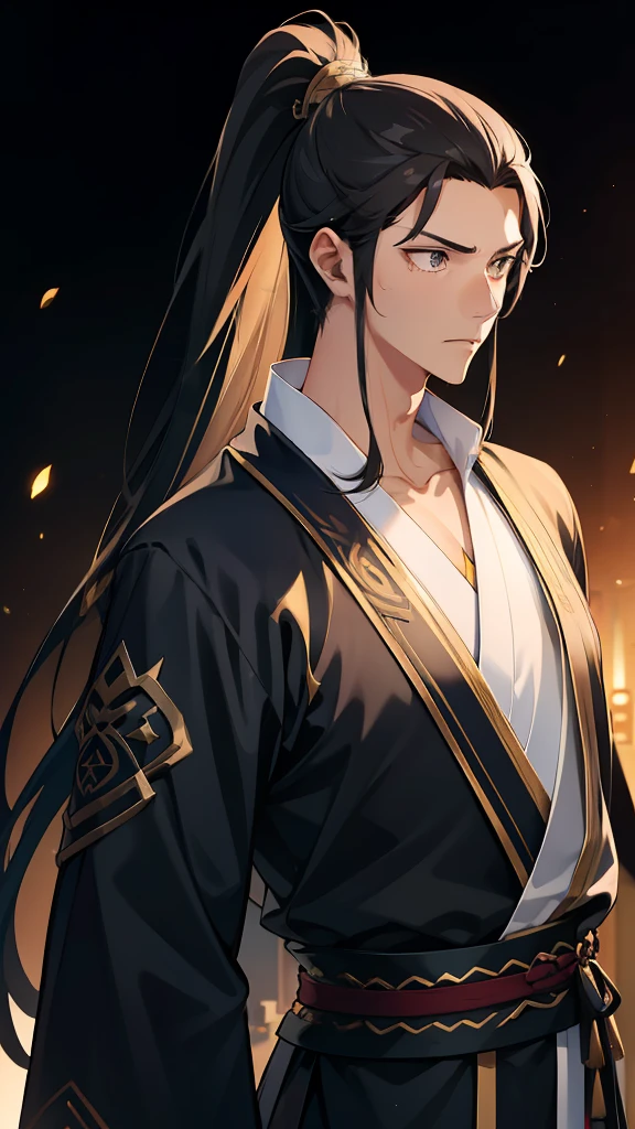 quadratic element，style of anime，mtu（Male Warrior），The proportions are correct，Face details，swordsmen，High ponytail hairstyle，Neck details，There is an Adam's apple，Black Hanfu，kaftan，black toga，clothes details，Handing over，longer sleeves，Game quality，Swordsmanship，Light and shadow tracking，Ray traching，detailed glow，cg render，hair detail，cabelos preto e longos，Black ㇏ eyes，Handsome，Handsome，（juvenile sense），Clothing is complicated，Perfectcomposition，Refinement，high qulity，higher details，Lots of details，The background is complex，a sense of atmosphere，