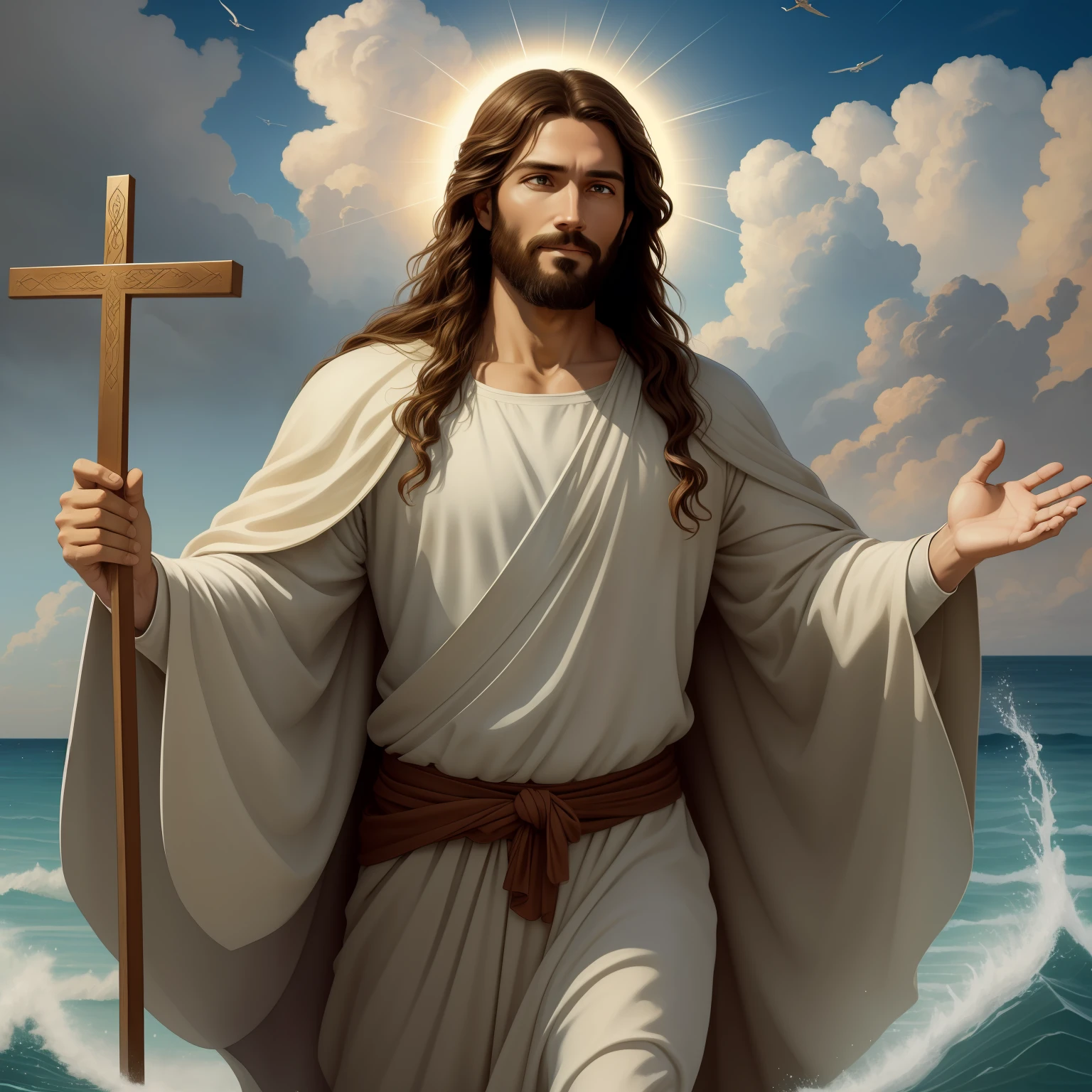 A beautiful ultra-thin realistic portrait of Jesus, the prophet, a man 35 years old Hebrew brunette, short brown hair, long brown beard, with, Helping People , wearing long linen tunic closed on the chest part, in front view, full body, biblical, realistic,by Diego Velázquez,Peter Paul Rubens,Rembrandt,Alex Ross,8k, Concept Art, PhotoRealistic, Realistic,  Illustration, Oil Painting, Surrealism, HyperRealistic, helping people , Digital art, style, watercolorReal Jesus flying on sky with a flying cloud in the background, Jesus walking on water, biblical illustration, epic biblical representation, forcing him to flee, coming out of the ocean, ! holding in hand!, disembarking, god of the ocean, beautiful representation, 8k 3D Model, realistic,
a 3D Realistic of jesus with a halo in the sky, jesus christ, smiling in heaven, portrait of jesus christ, jesus face, 35 young almighty god, portrait of a heavenly god, greg olsen, gigachad jesus, jesus of nazareth, jesus, the face of god, god looking at me, he is greeting you warmly, he is happy, avatar image