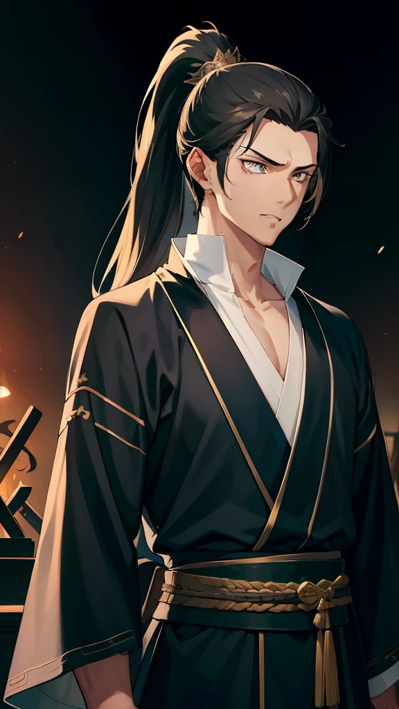 quadratic element,style of anime,mtu(Male Warrior),The proportions are correct,Face details,swordsmen,High ponytail hairstyle,Neck details,There is an Adam's apple,Black Hanfu,kaftan,black toga,clothes details,Handing over,longer sleeves,Game quality,Swordsmanship,Light and shadow tracking,Ray traching,detailed glow,cg render,hair detail,cabelos preto e longos,Black ㇏ eyes,Handsome,Handsome,(juvenile sense),Clothing is complicated,Perfectcomposition,Refinement,high qulity,higher details,Lots of details,The background is complex,a sense of atmosphere,