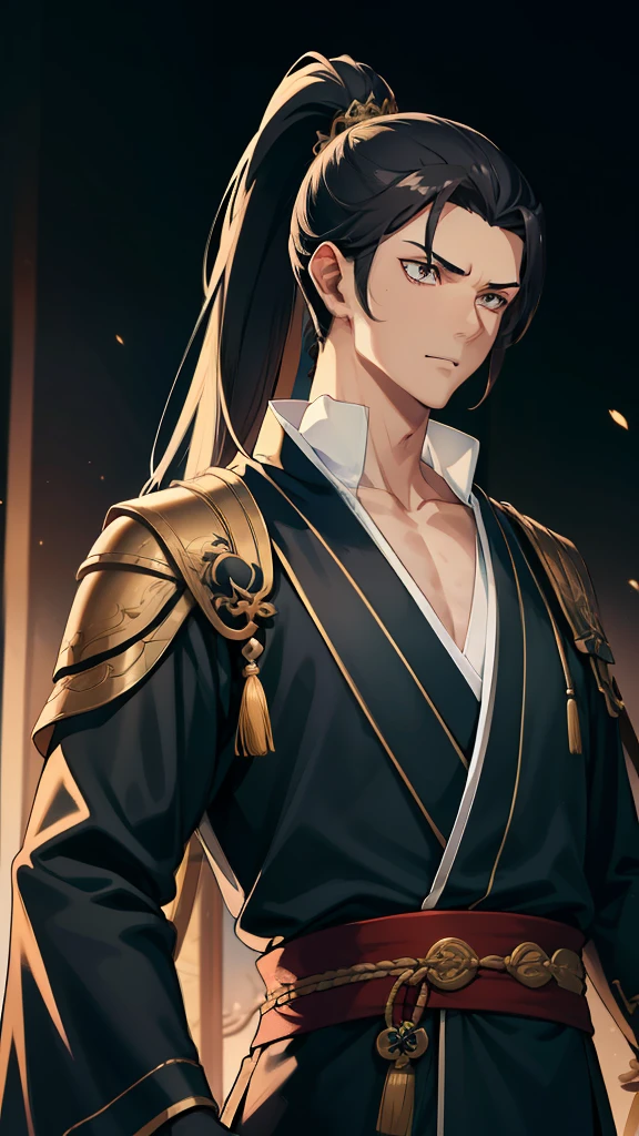 quadratic element，style of anime，mtu（Male Warrior），The proportions are correct，Face details，swordsmen，High ponytail hairstyle，Neck details，There is an Adam's apple，Black Hanfu，kaftan，black toga，clothes details，Handing over，longer sleeves，Game quality，Swordsmanship，Light and shadow tracking，Ray traching，detailed glow，cg render，hair detail，cabelos preto e longos，Black ㇏ eyes，Handsome，Handsome，（juvenile sense），Clothing is complicated，Perfectcomposition，Refinement，high qulity，higher details，Lots of details，The background is complex，a sense of atmosphere，
