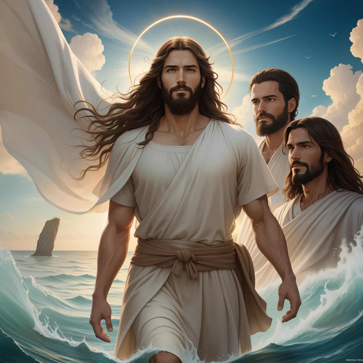 A beautiful ultra-thin realistic portrait of Jesus, the prophet, a man 35 years old Hebrew brunette, short brown hair, long brown beard, with, Helping People , wearing long linen tunic closed on the chest part, in front view, full body, biblical, realistic,by Diego Velázquez,Peter Paul Rubens,Rembrandt,Alex Ross,8k, Concept Art, PhotoRealistic, Realistic, Illustration, Oil Painting, Surrealism, HyperRealistic, helping people , Digital art, style, watercolorReal Jesus flying on sky with a flying cloud in the background, Jesus walking on water, biblical illustration, epic biblical representation, forcing him to flee, coming out of the ocean, ! holding in hand!, disembarking, god of the ocean, beautiful representation, 8k 3D Model, realistic,
a 3D Realistic of jesus with a halo in the sky, jesus christ, smiling in heaven, portrait of jesus christ, jesus face, 35 young almighty god, portrait of a heavenly god, greg olsen, gigachad jesus, jesus of nazareth, jesus, the face of god, god looking at me, he is greeting you warmly, he is happy, avatar image