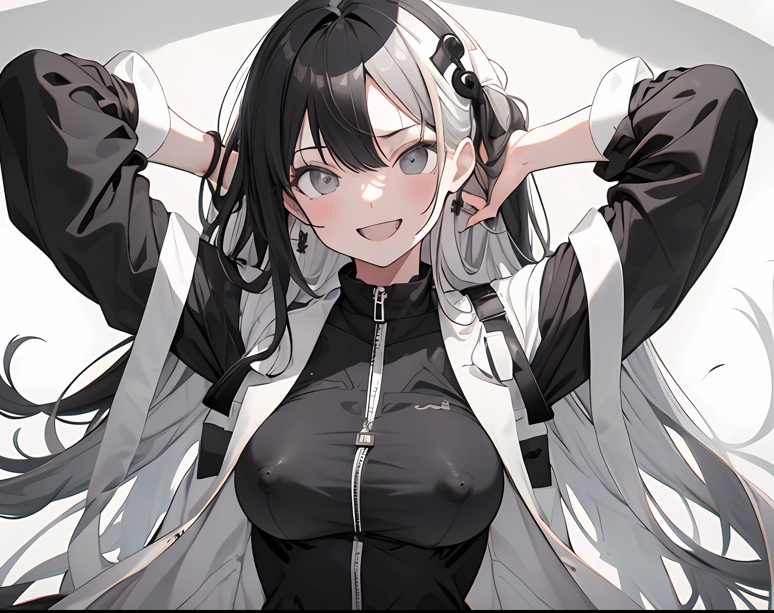 【Highest Quality, masutepiece】 [girl, Manteau, expressioness, Black eyes, front facing, Black hair, Walking, Upper body] (Gray white background:1.7), Smile with teeth, Bulging nipples