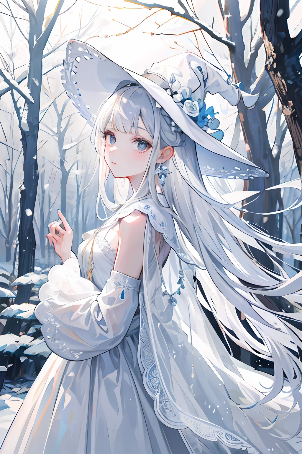 Exquisite facial features,Girl in Western-style white wedding dress,Glazed eyes,Delicate headwear and earrings in silver,cabelos preto e longos,light snowing,tree branch,forest backgrou,adolable