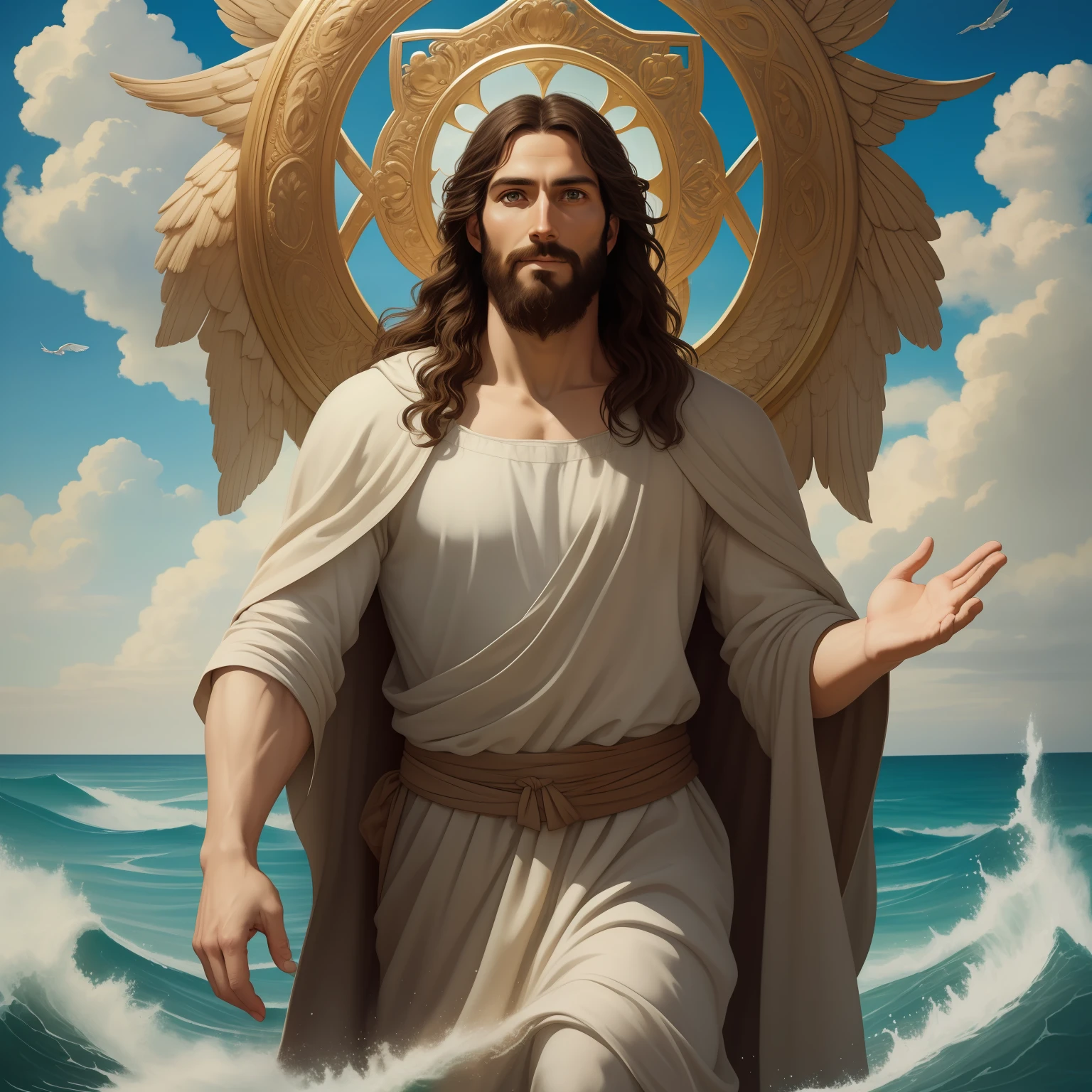 A beautiful ultra-thin realistic portrait of Jesus, the prophet, a man 35 years old Hebrew brunette, short brown hair, long brown beard, with, Helping People , wearing long linen tunic closed on the chest part, in front view, full body, biblical, realistic,by Diego Velázquez,Peter Paul Rubens,Rembrandt,Alex Ross,8k, Concept Art, PhotoRealistic, Realistic,  Illustration, Oil Painting, Surrealism, HyperRealistic, helping people , Digital art, style, watercolorReal Jesus flying on sky with a flying cloud in the background, Jesus walking on water, biblical illustration, epic biblical representation, forcing him to flee, coming out of the ocean, ! holding in hand!, disembarking, god of the ocean, beautiful representation, 8k 3D Model, realistic,
a 3D Realistic of jesus with a halo in the sky, jesus christ, smiling in heaven, portrait of jesus christ, jesus face, 35 young almighty god, portrait of a heavenly god, greg olsen, gigachad jesus, jesus of nazareth, jesus, the face of god, god looking at me, he is greeting you warmly, he is happy, avatar image