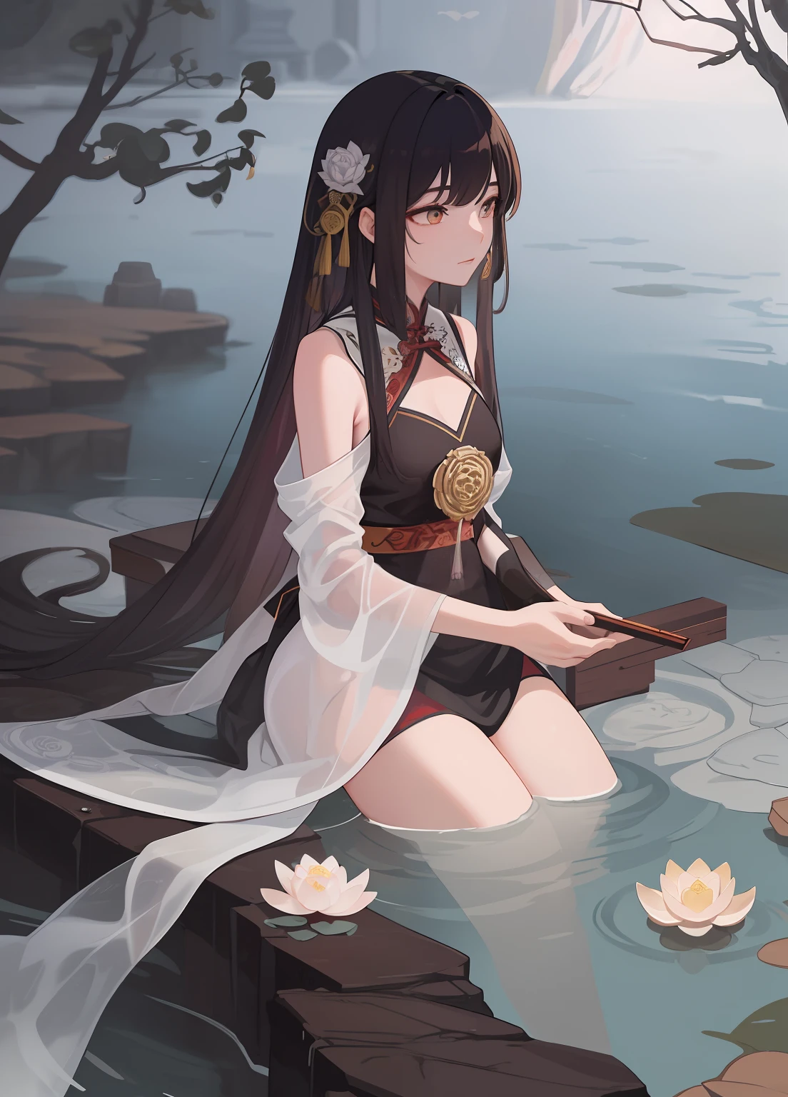 An ancient Chinese beauty sitting on a stone, wearing ancient Chinese clothing, flowing tulle, light silk, lazy posture, large lotus leaf, lotus, ink painting style, clean color, decisive cutting, blank, freehand, masterpiece, super detailed, epic composition, high quality, the highest quality, 4k --v 6
