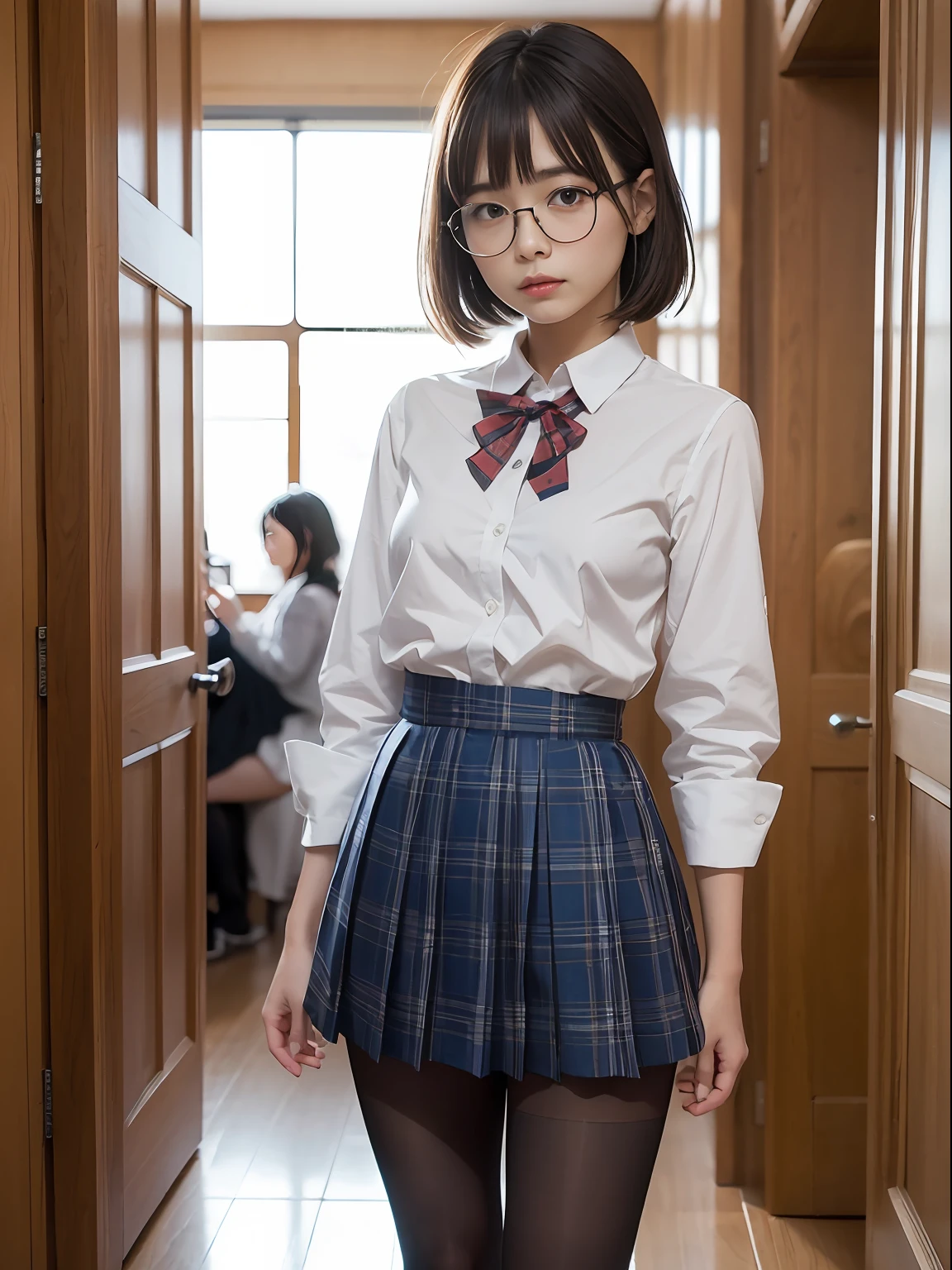 (8K、Raw photography、top-quality、masterpiece:1.2),Black pantyhose,absurderes,a small face,small tits,flat breast,Parting the bangs from the middle、Forehead visible,(Tight eyes,Bullish,skinny,Rasping,irate)、masterpiece,top-quality、超A high resolution,Raw photo,ren,Beautiful fece,One Person, 独奏,eye glass,,Dark look,Small breasts,fullllbody,Round glasses、cute little、A Japanese Lady,is standing,(Tight eyes,Bullish,skinny,Rasping,irate,small tits,flat breast)、(Photorealsitic:1.37)、Photon mapping,Light blue ribbon,Realistic、Cute little face,Brown-eyed、Black socks、(Red bow tie)、Radio City、Physically Based Rendering、Foreground、depth of fields、Blurry background、a picture,The girls、Body, Long legs, Thin leg,poneyTail,(Bangs are visible), hair, s lips, Blue_The eye, nosesoft,White shirt, Navy blue and white plaid pleated skirt, Knees are visible,Sheer clothing,, Thigh, Black cotton socks,Nogizaka Idol, 女優, Japanese ido