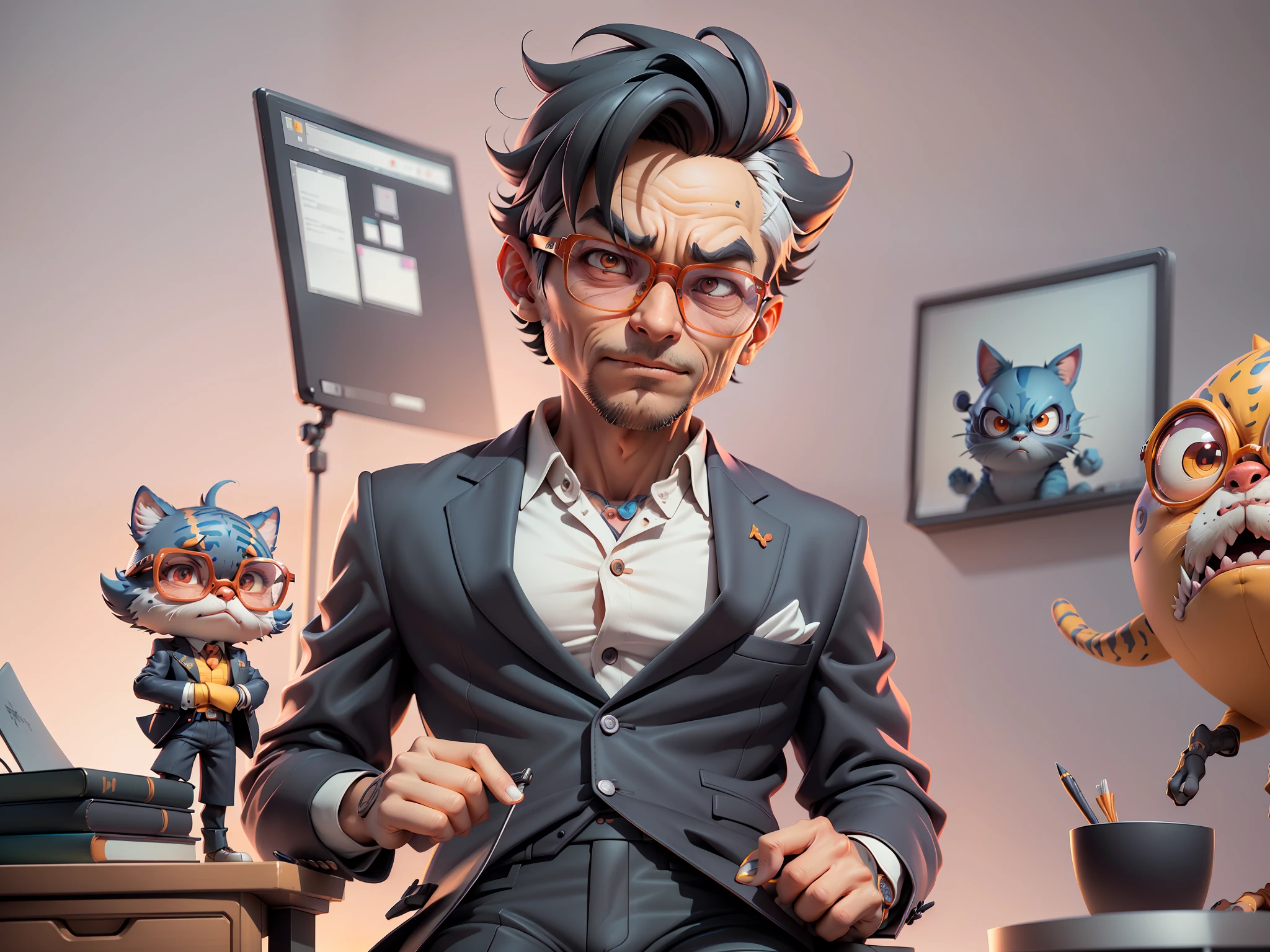 A young man in a suit and pants, Short hair and glasses sat at his desk,holding laptop,digitial painting,tigre,3D character design by Mark Clairen and Pixar and Hayao Miyazaki and Akira Toriyama,4K HD illustration,Very detailed facial features and cartoon-style visuals。